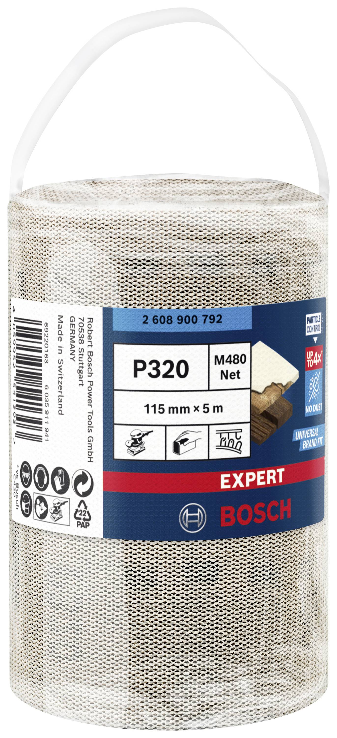 Rolka brúsnej mriežky Bosch, model 'P320 M480 Net', šírka 115 mm a dĺžka 5 m, zabalená v priehľadnom obale.