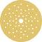 Guľatý, zlatý brúsny kotúč s mnohými malými otvormi a jedným väčším otvorom v strede.