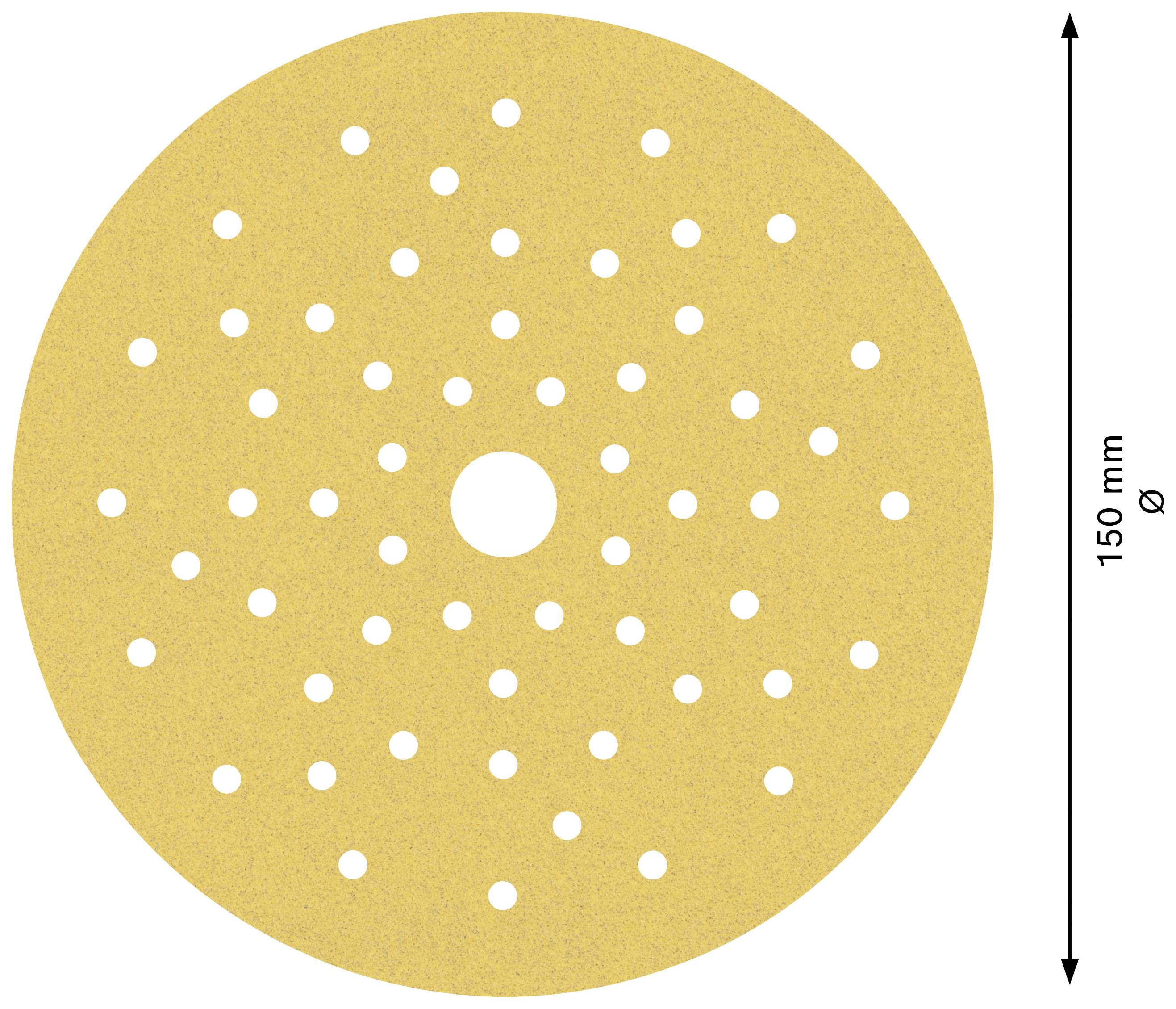Obrázok guľatého brúsneho kotúča s mnohými malými otvormi a jedným väčším centrálnym otvorom. Priemer je 150 mm.