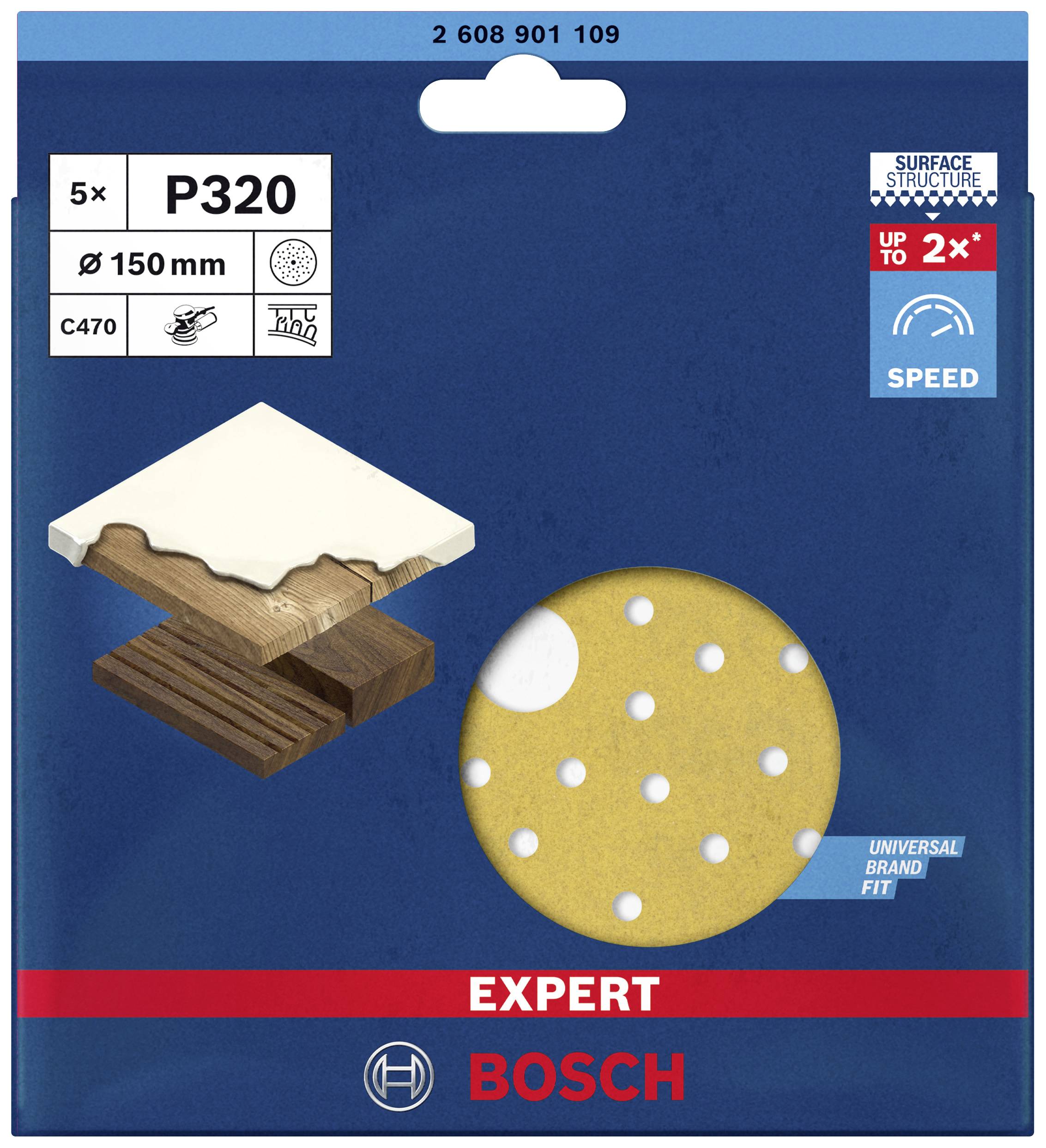 'Brúsny papier Bosch P320, 150 mm, na drevo a farbu, 5 kusov. Vhodný pre rýchly postup na náročných povrchoch.'