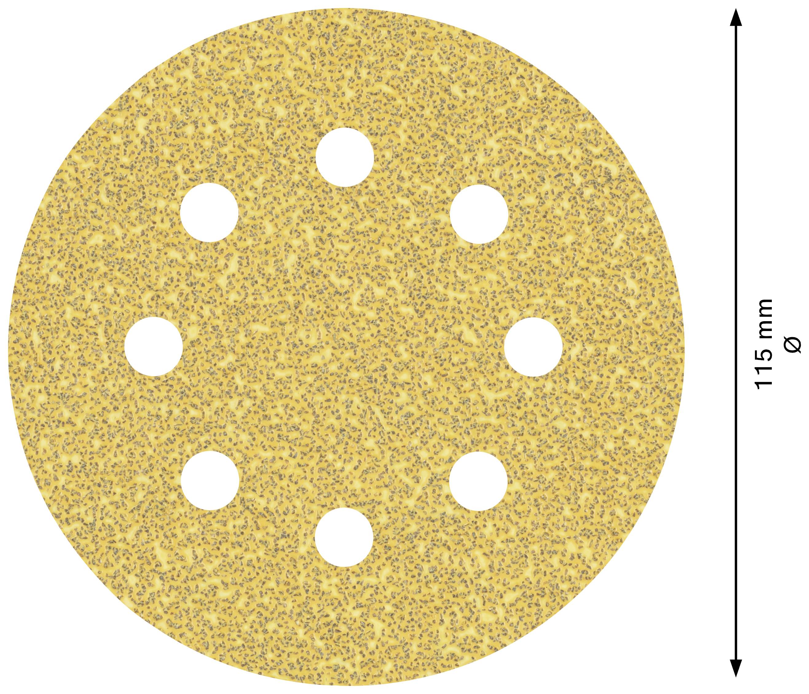 Guľatý brúsny kotúč, priemer 115 mm, s deviatimi rovnomerne rozmiestnenými otvormi, zlatohnedej farby, s drsným povrchom.