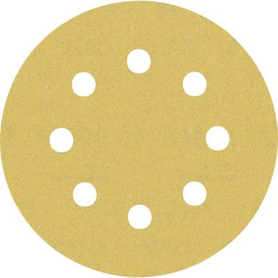 Žltý, okrúhly brúsny papier s ôsmimi symetricky usporiadanými otvormi určený na použitie s excentrickou brúskou.