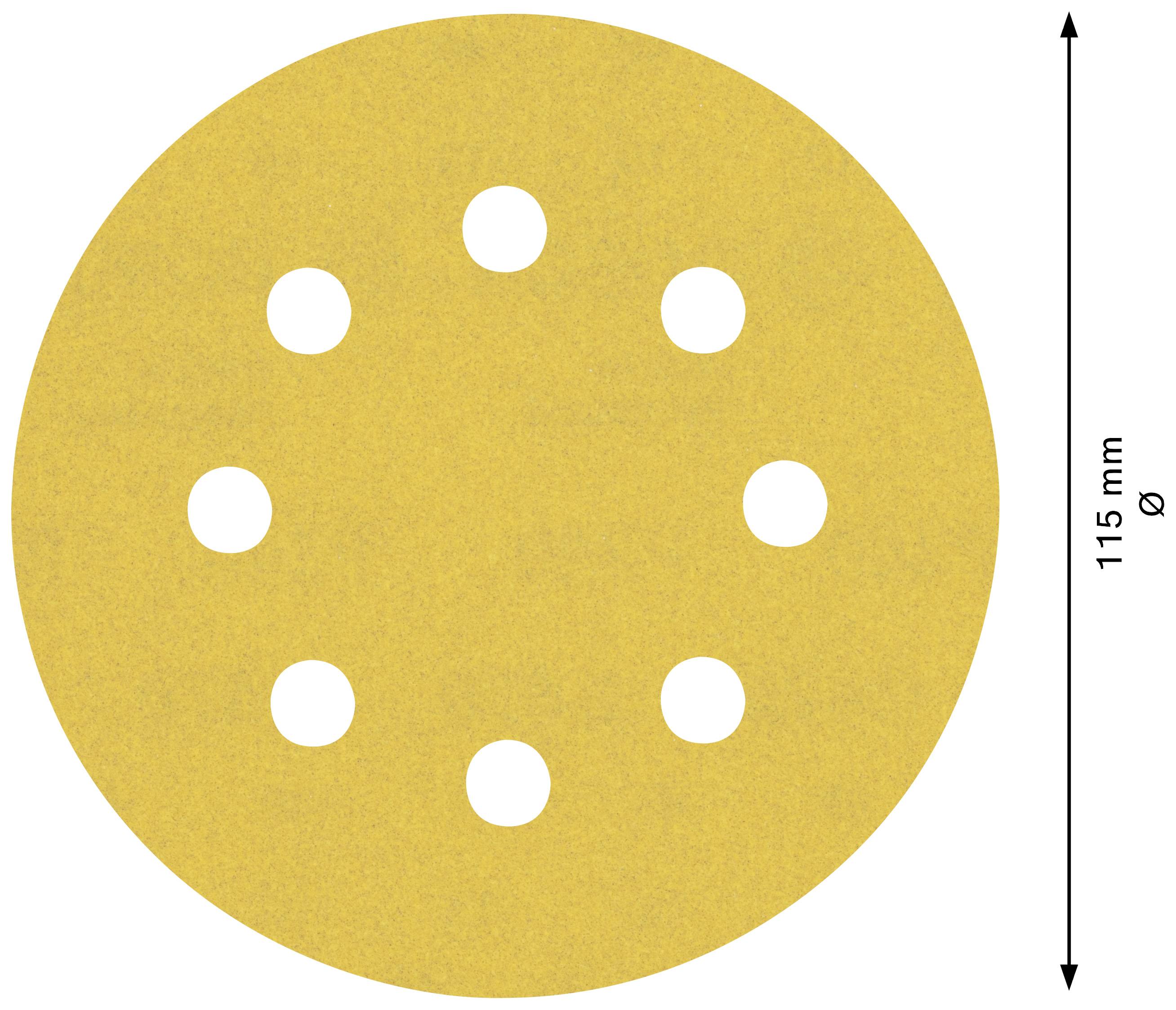 Guľatý list brúsneho papiera s ôsmimi otvormi, priemer 115 mm, na bielom pozadí.