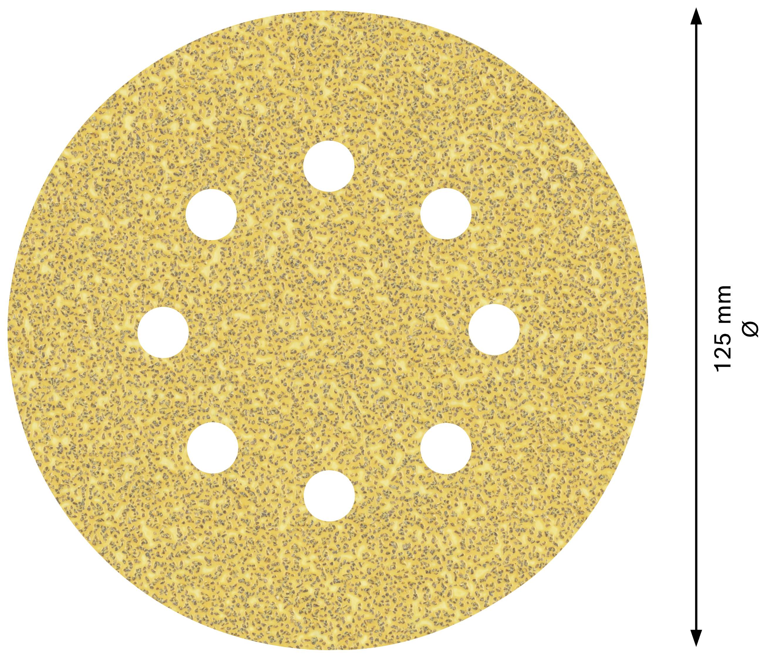 Brúsny papier v kruhovom tvare s priemerom 125 mm a ôsmimi otvormi, používaný v brúskach na opracovanie dreva alebo kovu.