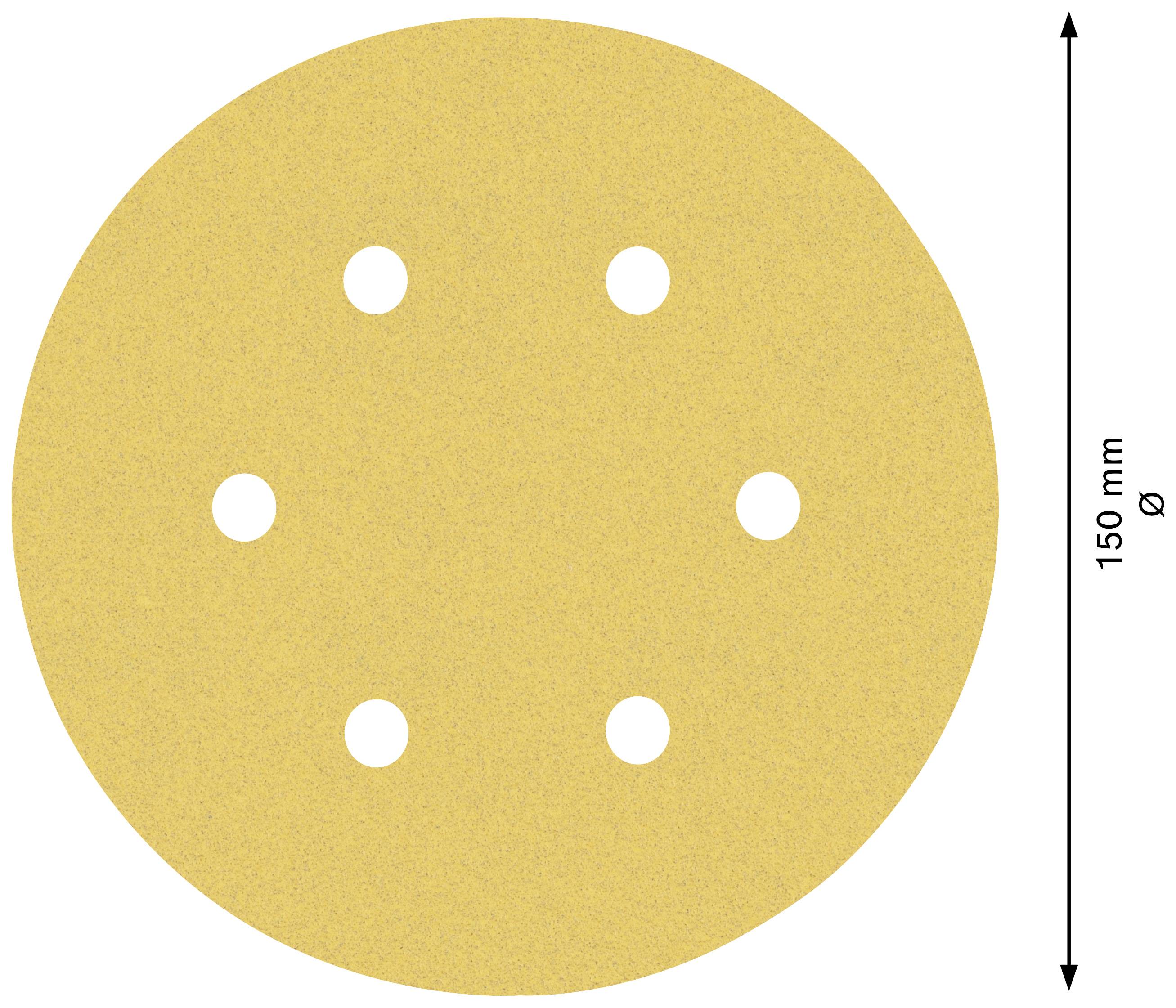 Kruhový brúsny list zo žltého brúsneho papiera s šiestimi otvormi, priemer 150 mm.