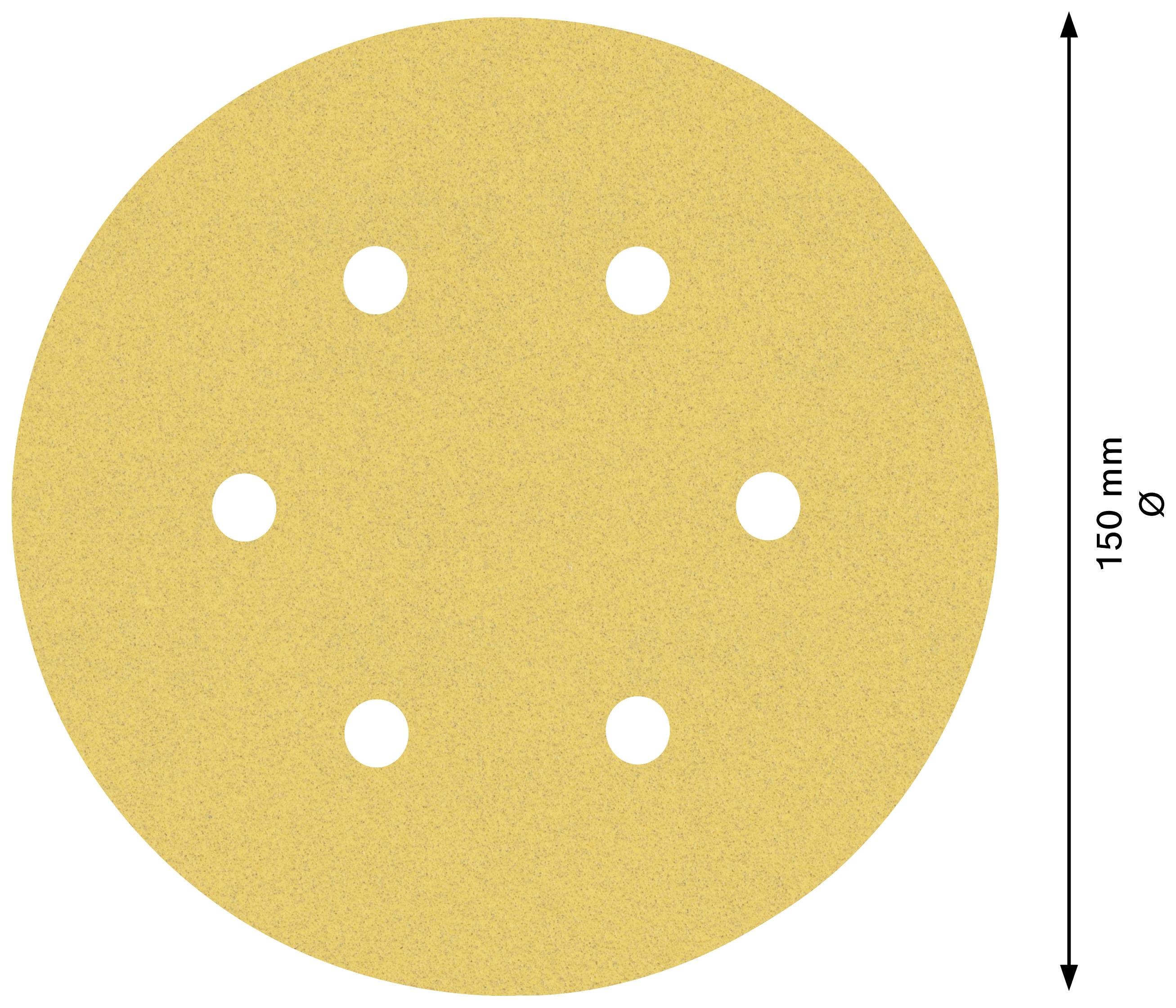 Brúsny papier v kruhovom tvare, zlatej farby, priemer 150 mm, so šiestimi otvormi.
