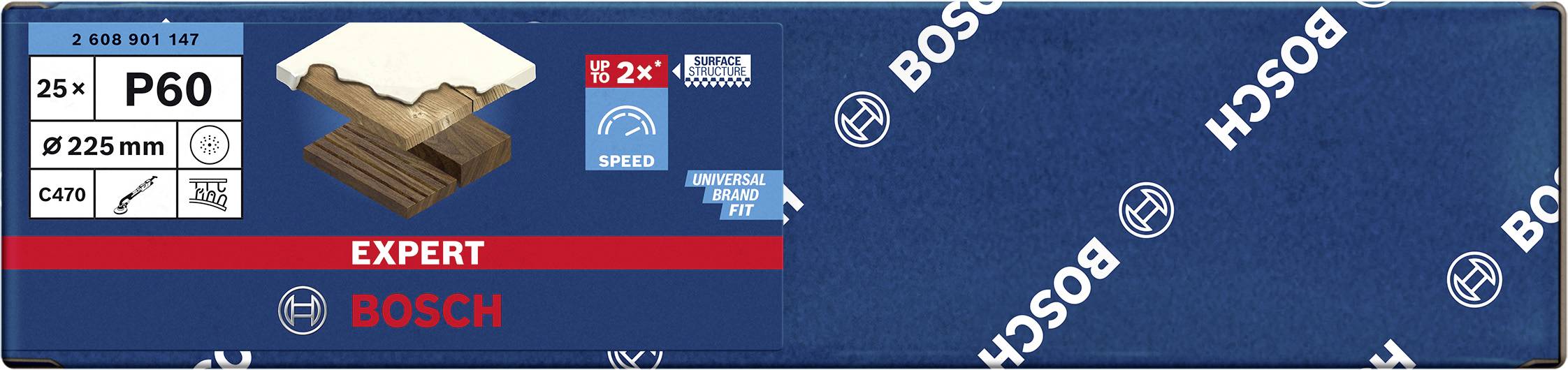 'Bosch Expert brúsny papier P60 na drevo a farbu, vysoký úber materiálu, vhodný pre brúsky s priemerom Ø225 mm, 25 kusov.'