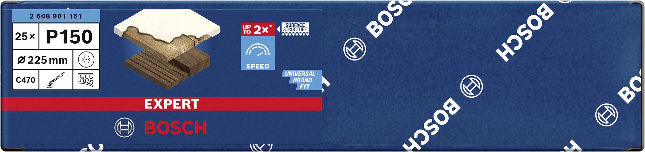 Bosch Expert Brúsny papier P150, 25 kusov, Ø 225 mm, vhodný pre drevo, 35% vyššia rýchlosť, balenie modré s logom.