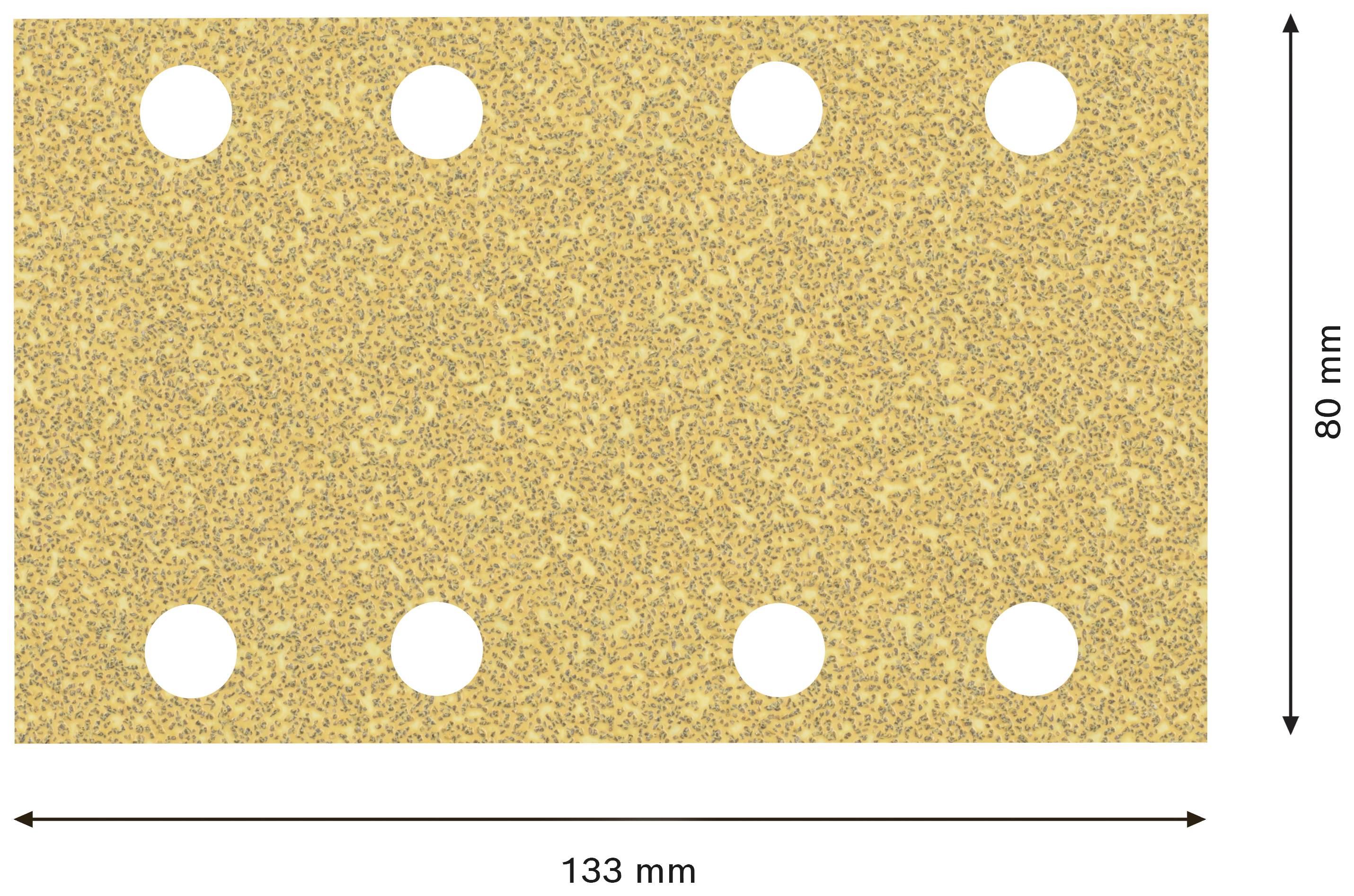 Brúsny papier so šiestimi otvormi, obdĺžnikový, rozmery 133 mm x 80 mm, béžovej farby a zrnitej textúry.