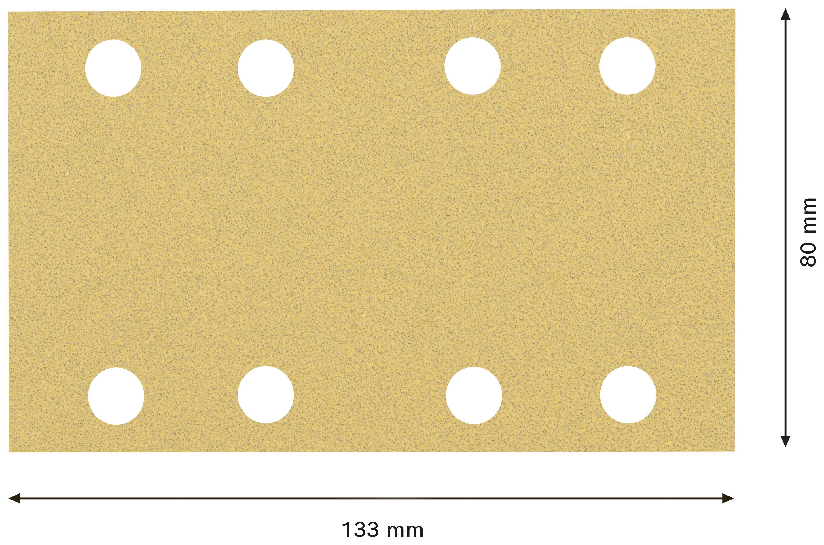 Obdĺžnikový brúsny papier, 133 mm x 80 mm, s ôsmimi otvormi v dvoch radoch. Šípky ukazujú dĺžku a šírku.