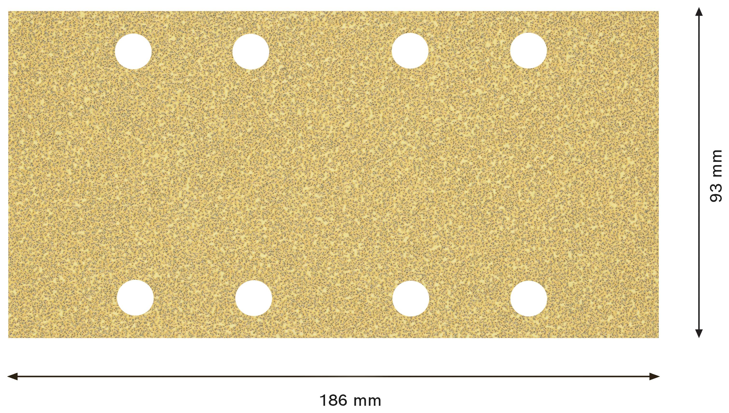 Obdĺžnikový brúsny papier, rozmery 186 mm x 93 mm, s ôsmimi rovnomerne rozmiestnenými otvormi.