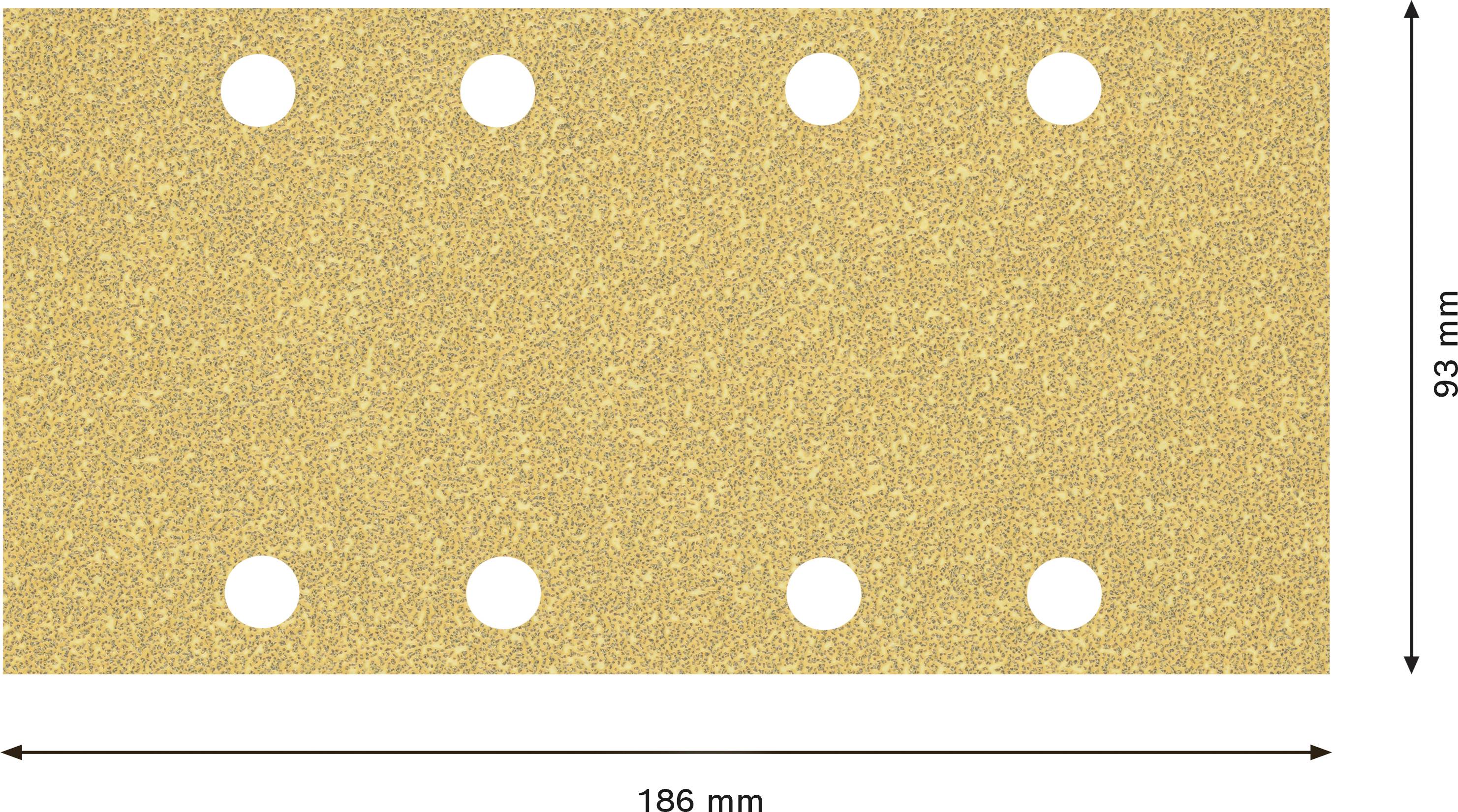 Obdĺžnikový brúsny papier so šiestimi kruhovými otvormi, široký 186 mm a vysoký 93 mm, zobrazený na bielom pozadí.