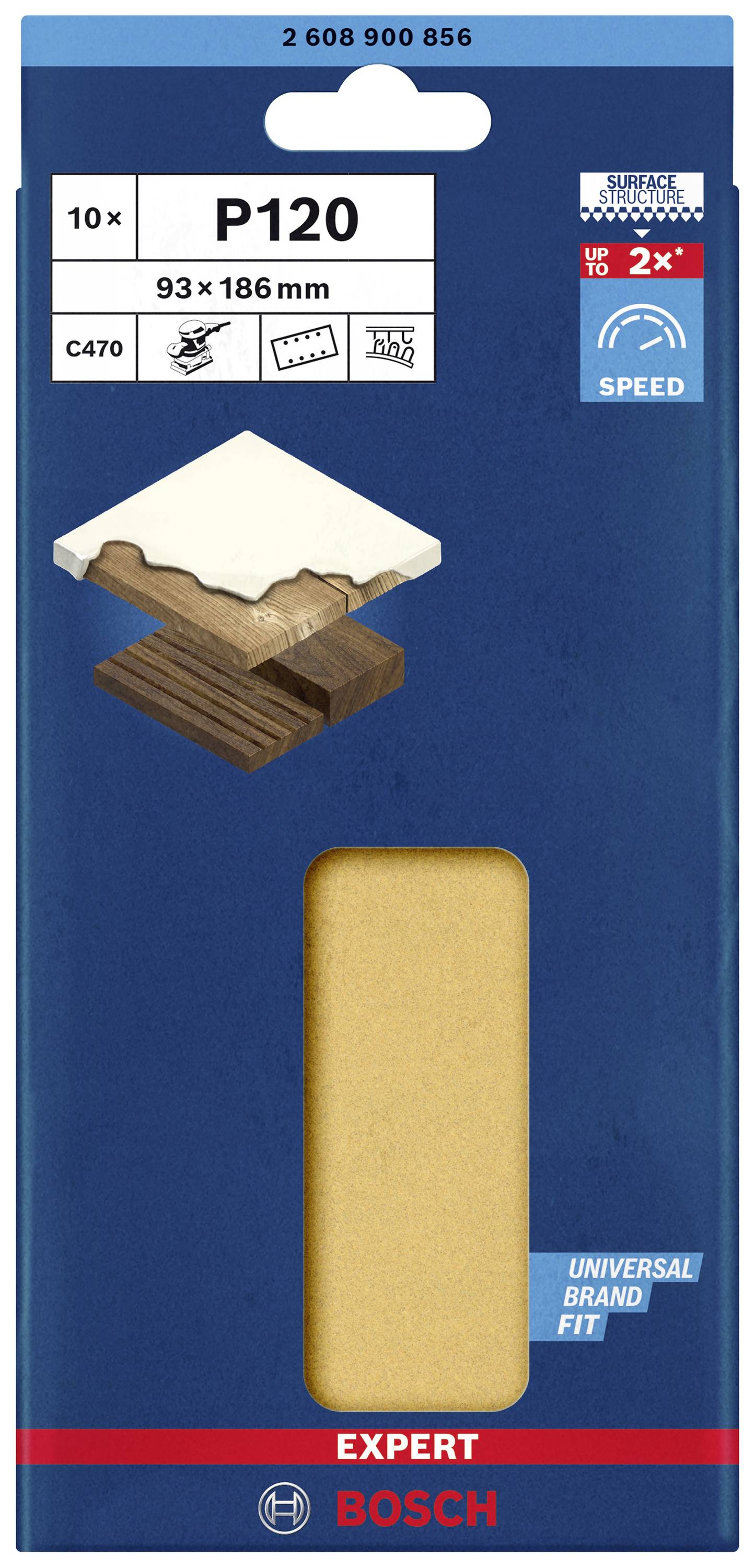 Brúsny papier Bosch, 'P120', na drevo a farbu, 93x186 mm, 10 kusov. Sľubuje dvojnásobnú rýchlosť.