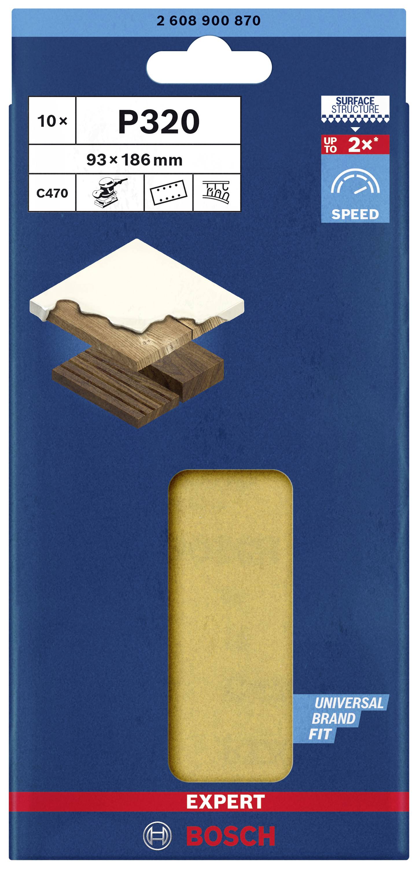 Škatuľa brúsneho papiera Bosch, zrnitosť P320, 93x186 mm, na drevo a farbu, univerzálny tvar, zvyšuje rýchlosť brúsenia.