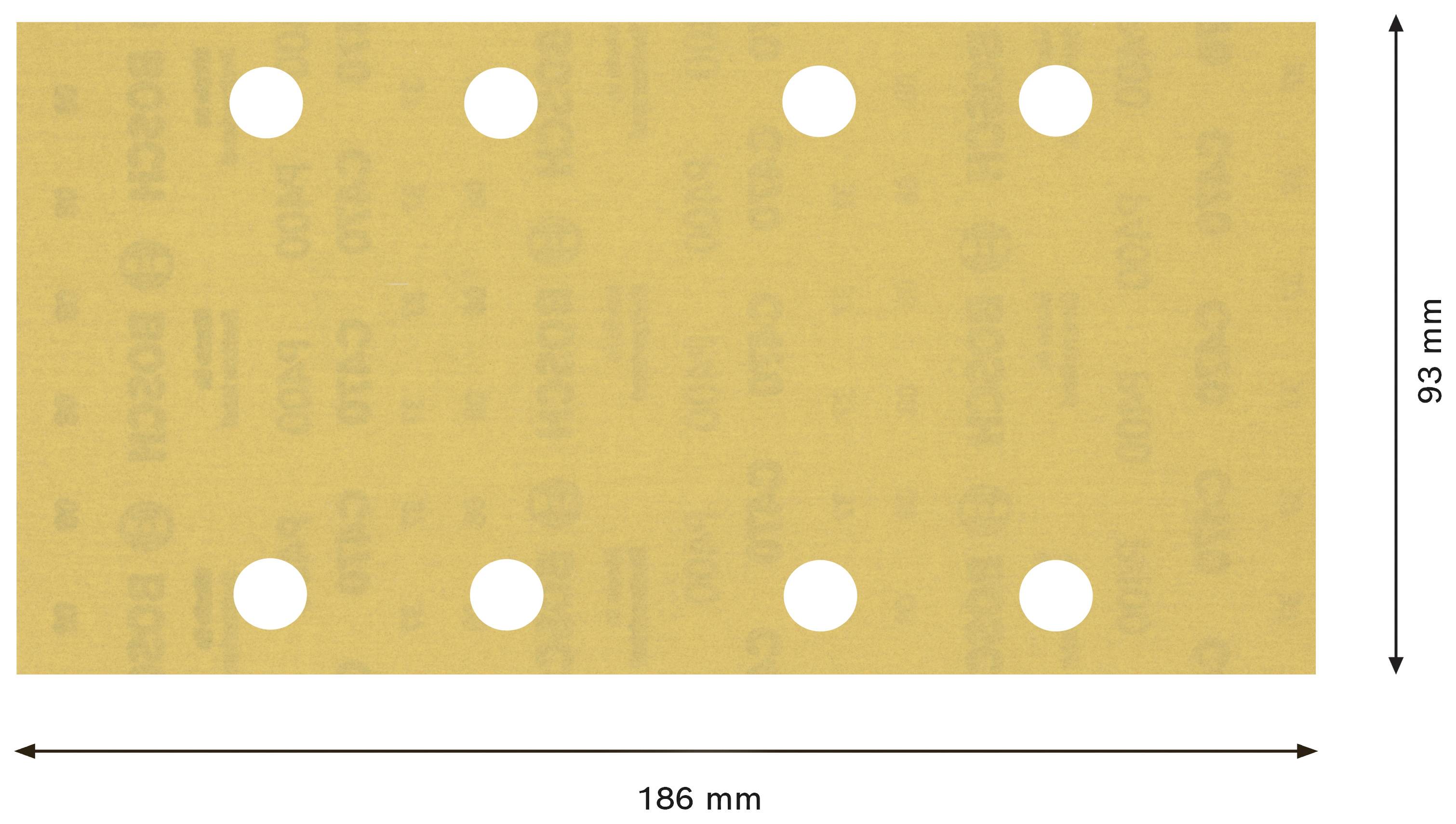 Žltý brúsny papier so šiestimi otvormi, obdĺžnikový, 186 mm dlhý, 93 mm široký. Vhodný pre brúsky.