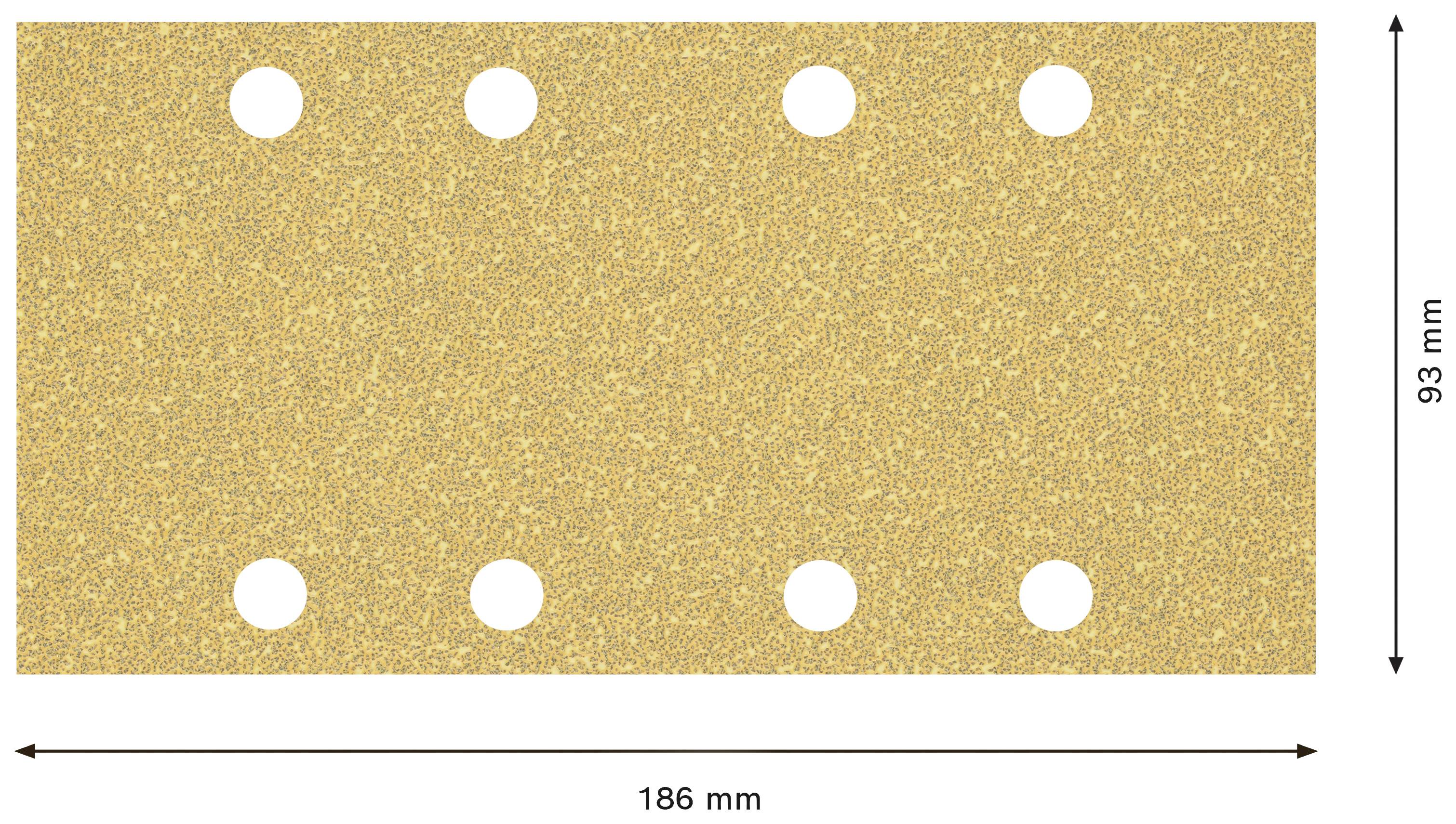 Obdĺžnikový brúsny papier, 186 mm x 93 mm, so štyrmi otvormi pozdĺž horného a dolného okraja.