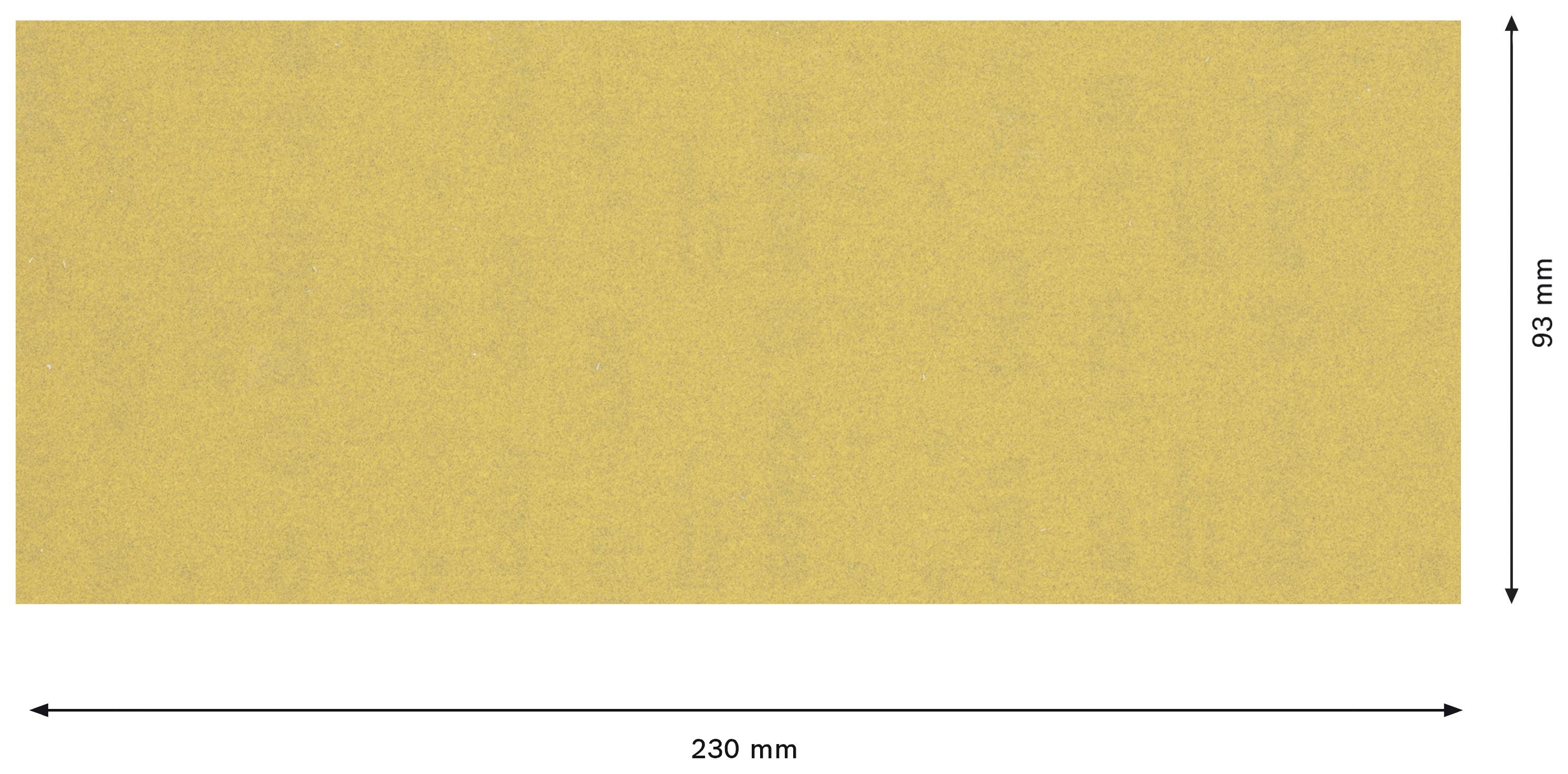 Obdĺžnikový list s rozmermi 230 mm x 93 mm, zlatej farby, bez ďalších vzorov alebo viditeľných detailov.