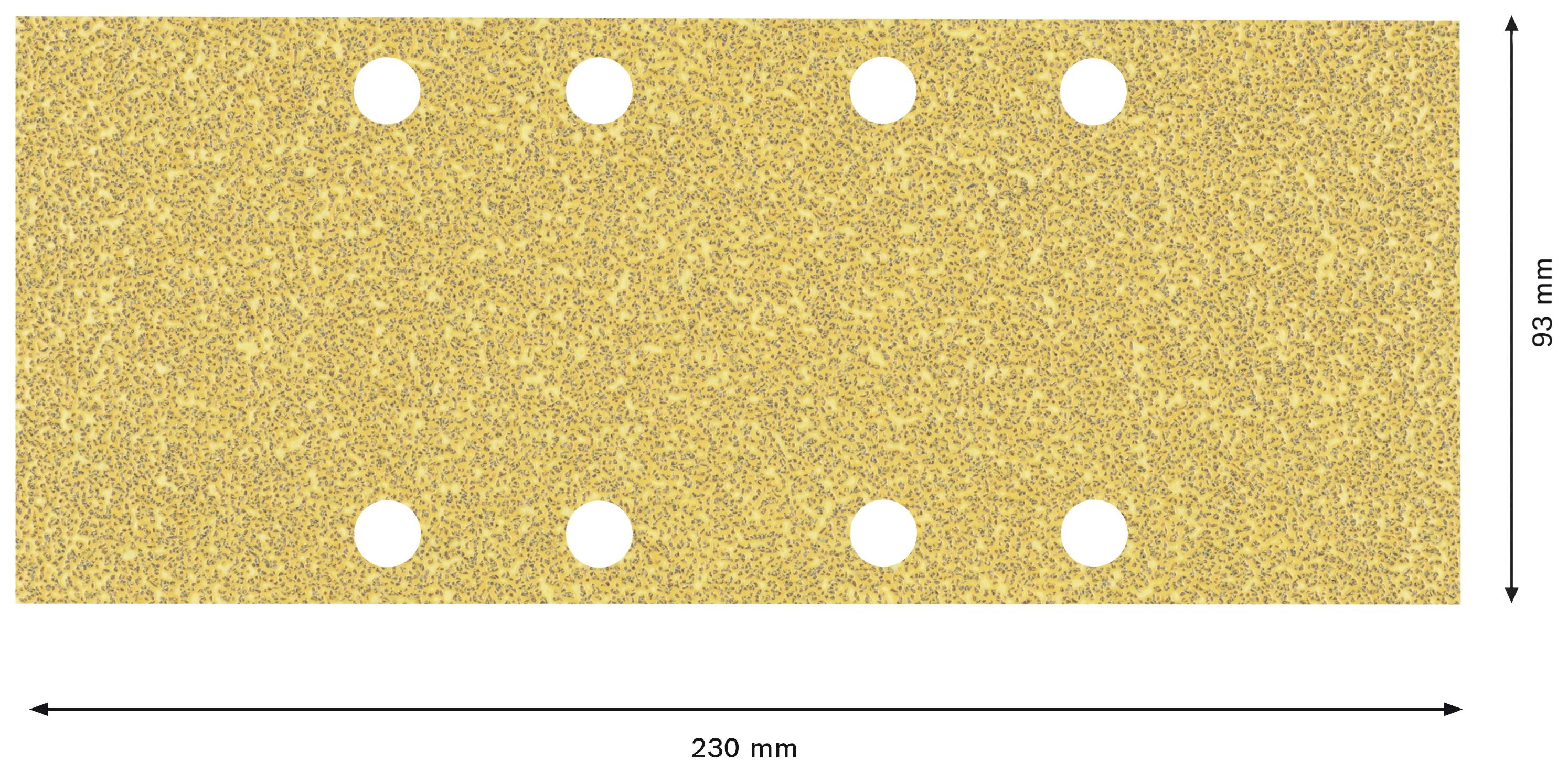 Obdĺžnikový brúsny papier so šiestimi okrúhlymi otvormi, široký 230 mm a vysoký 93 mm, na zlatohnedej ploche.