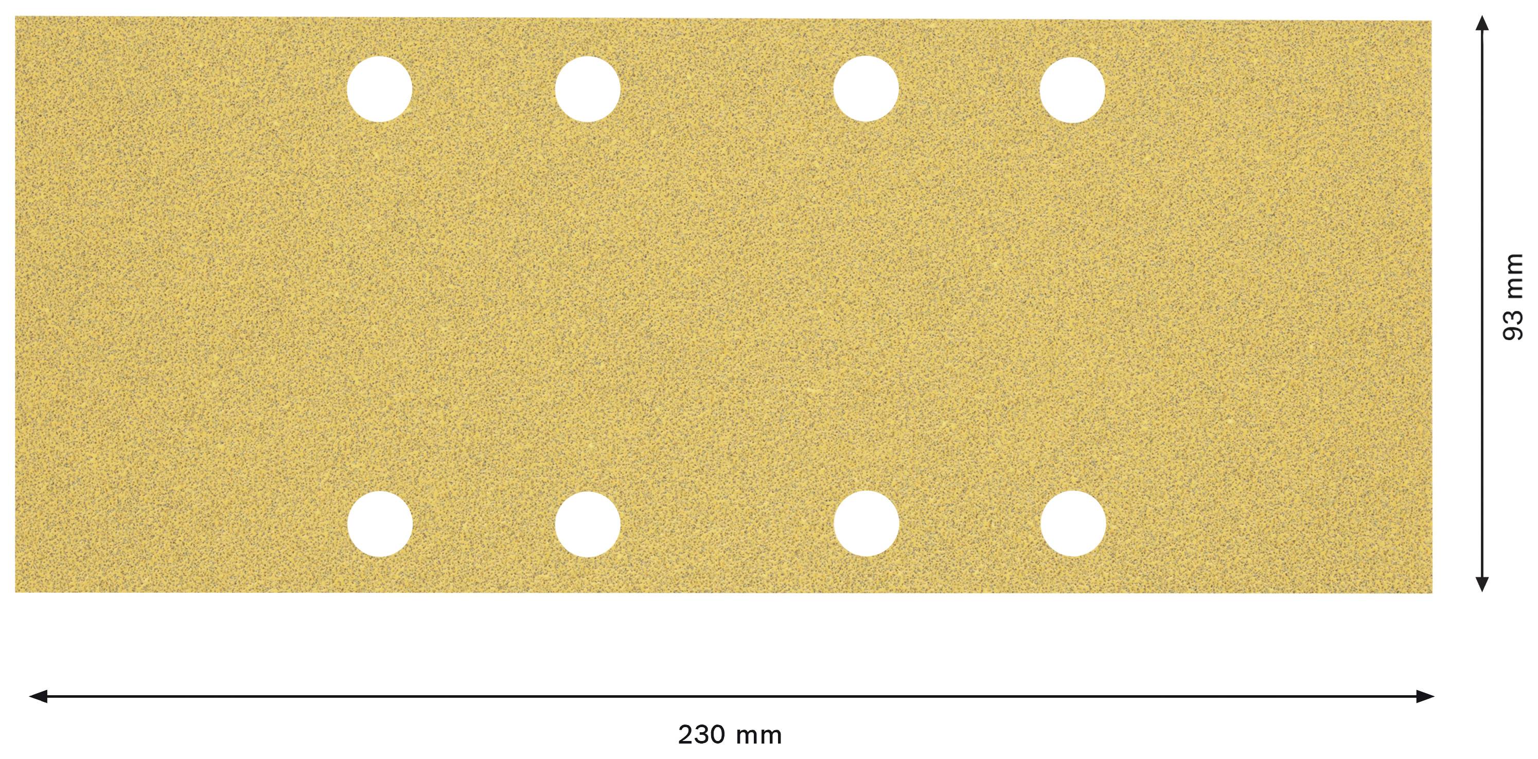 Obdĺžnikový, zlatohnedý brúsny papier s ôsmimi rovnomerne rozmiestnenými dierkami. Rozmery: 230 mm šírka, 93 mm výška.
