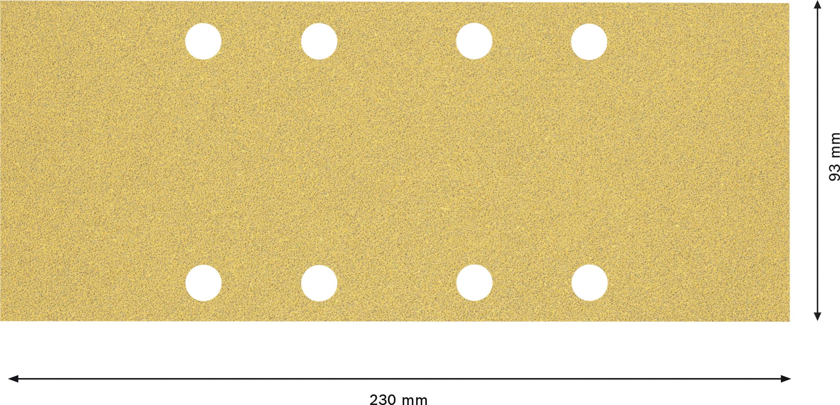 Obdĺžnikový brúsny papier s ôsmimi otvormi. Rozmery sú 230 mm x 93 mm.