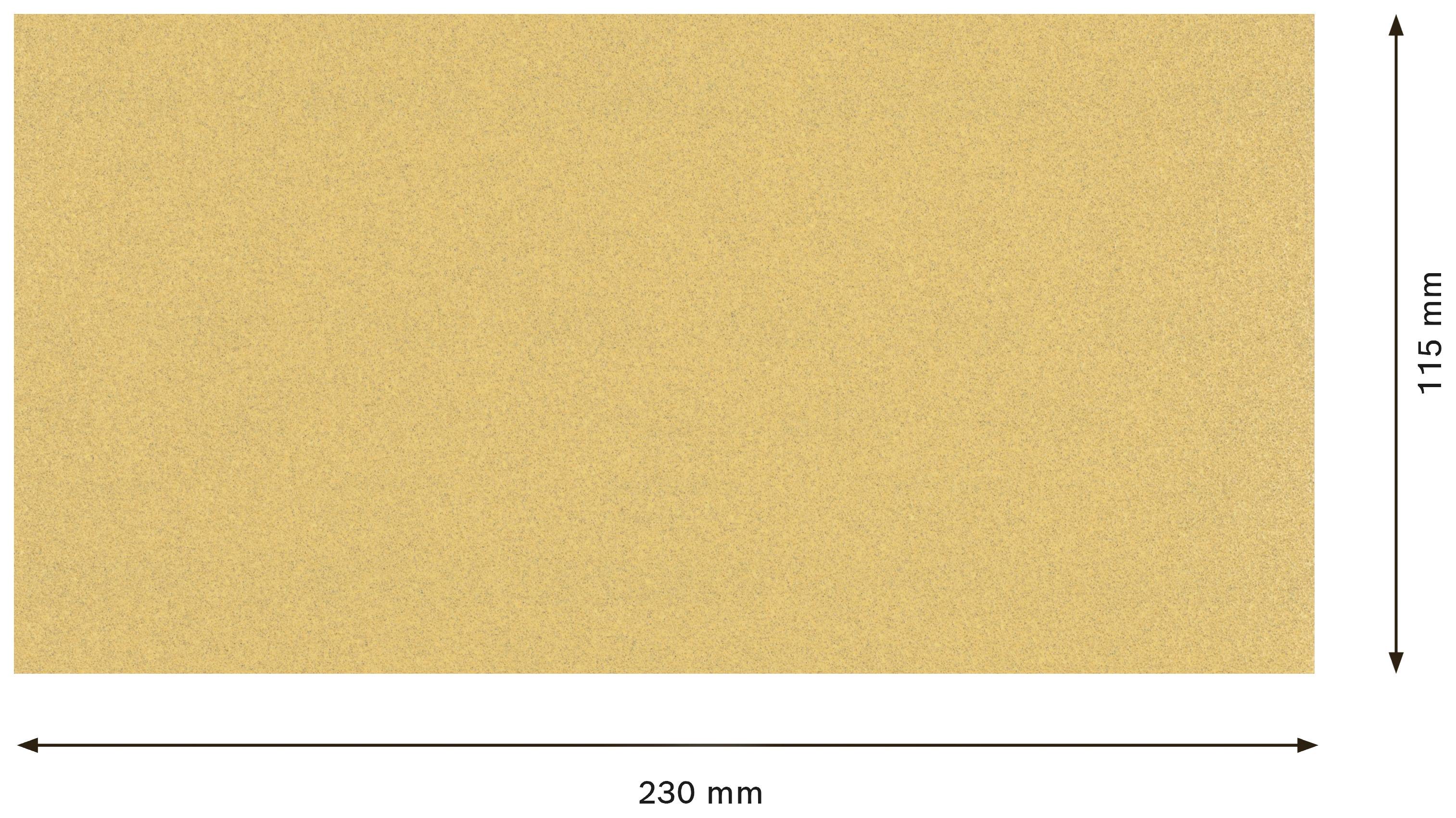 Obdĺžnikový list brúsneho papiera, dĺžka 230 mm, výška 115 mm.