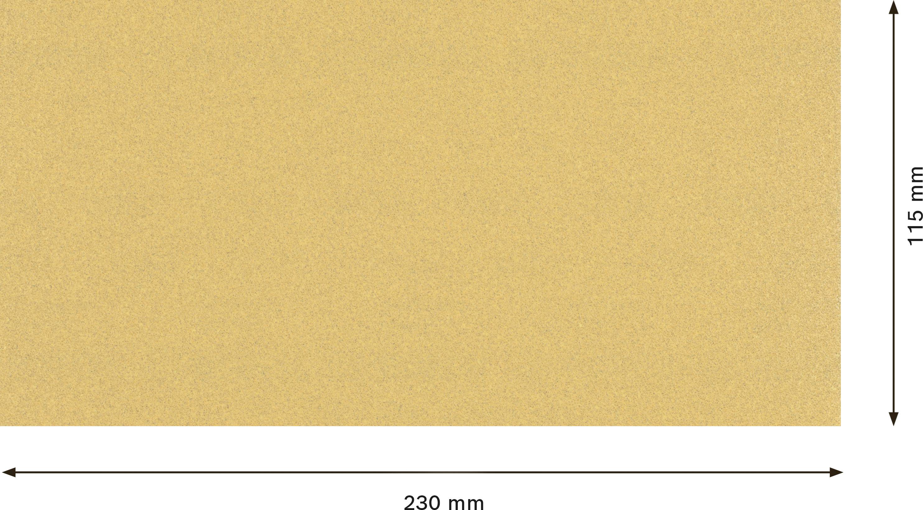 Obdĺžnikový list horčicovej farby s rozmermi 230 mm x 115 mm.