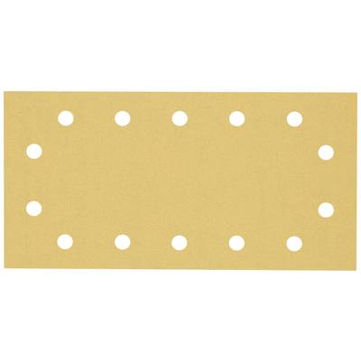 Brúsny papier obdĺžnikového tvaru s rovnomerne rozmiestnenými bielymi otvormi v troch radoch určený na odsávanie prachu počas brúsnych prác.