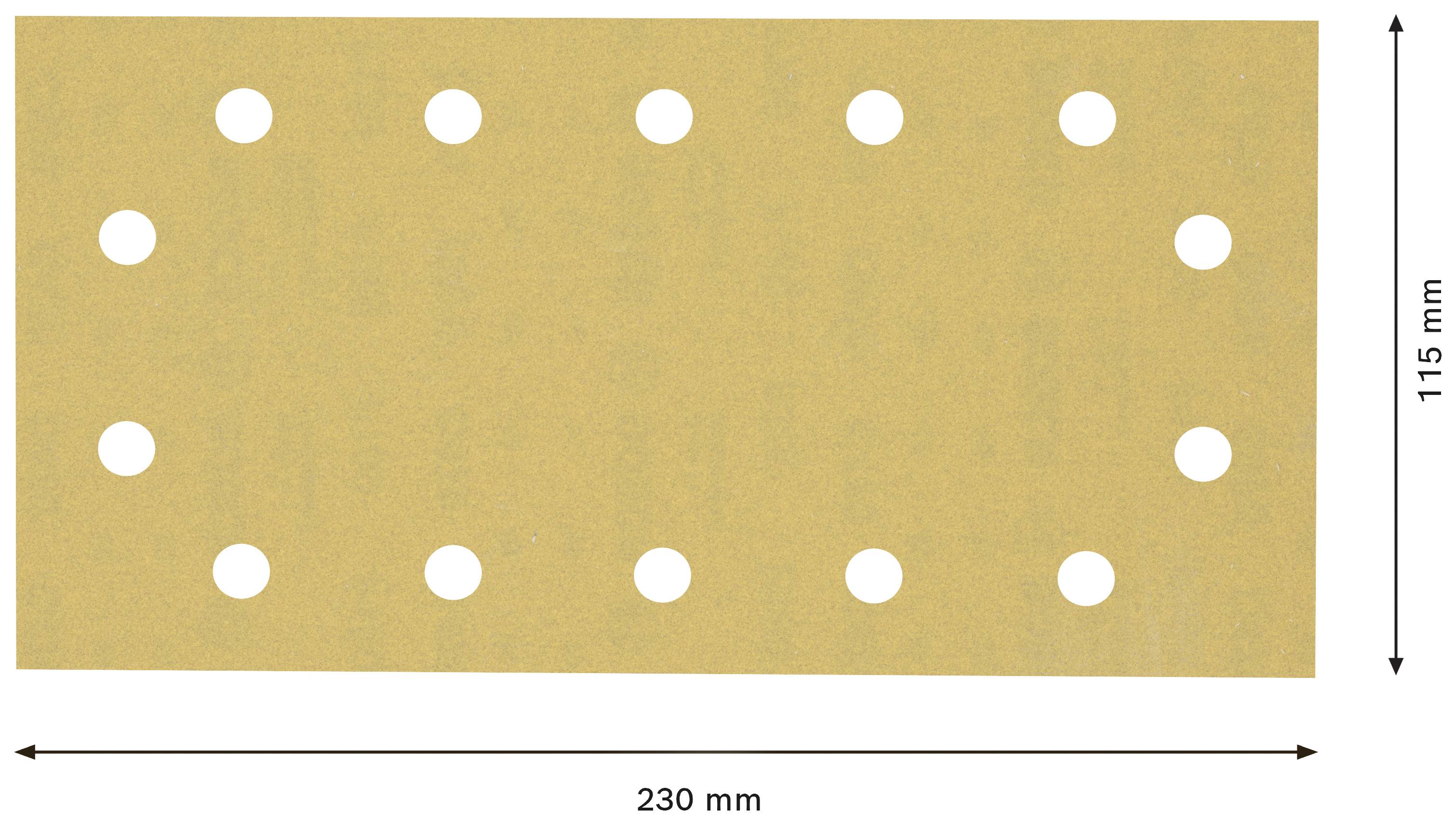 Obdĺžnikový brúsny papier s rozmermi 230 x 115 mm a 14 rovnomerne rozmiestnenými otvormi.