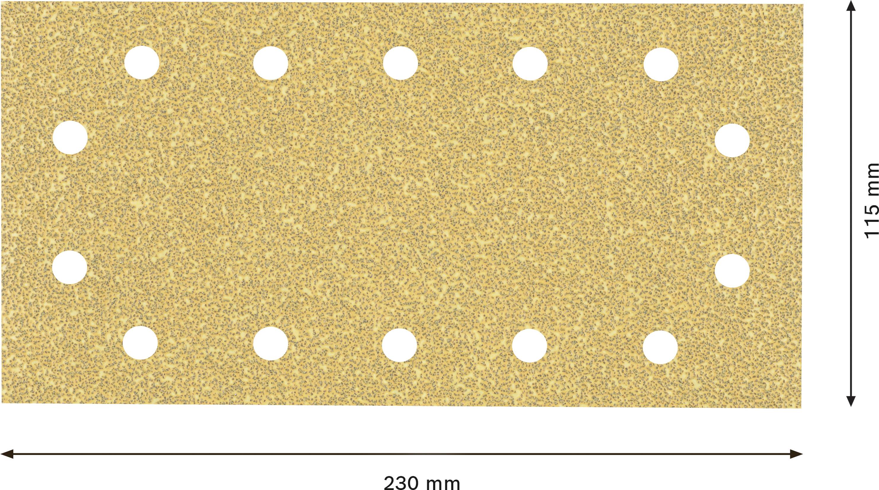 Obdĺžnikový brúsny papier so 16 otvormi, široký 230 mm a vysoký 115 mm.