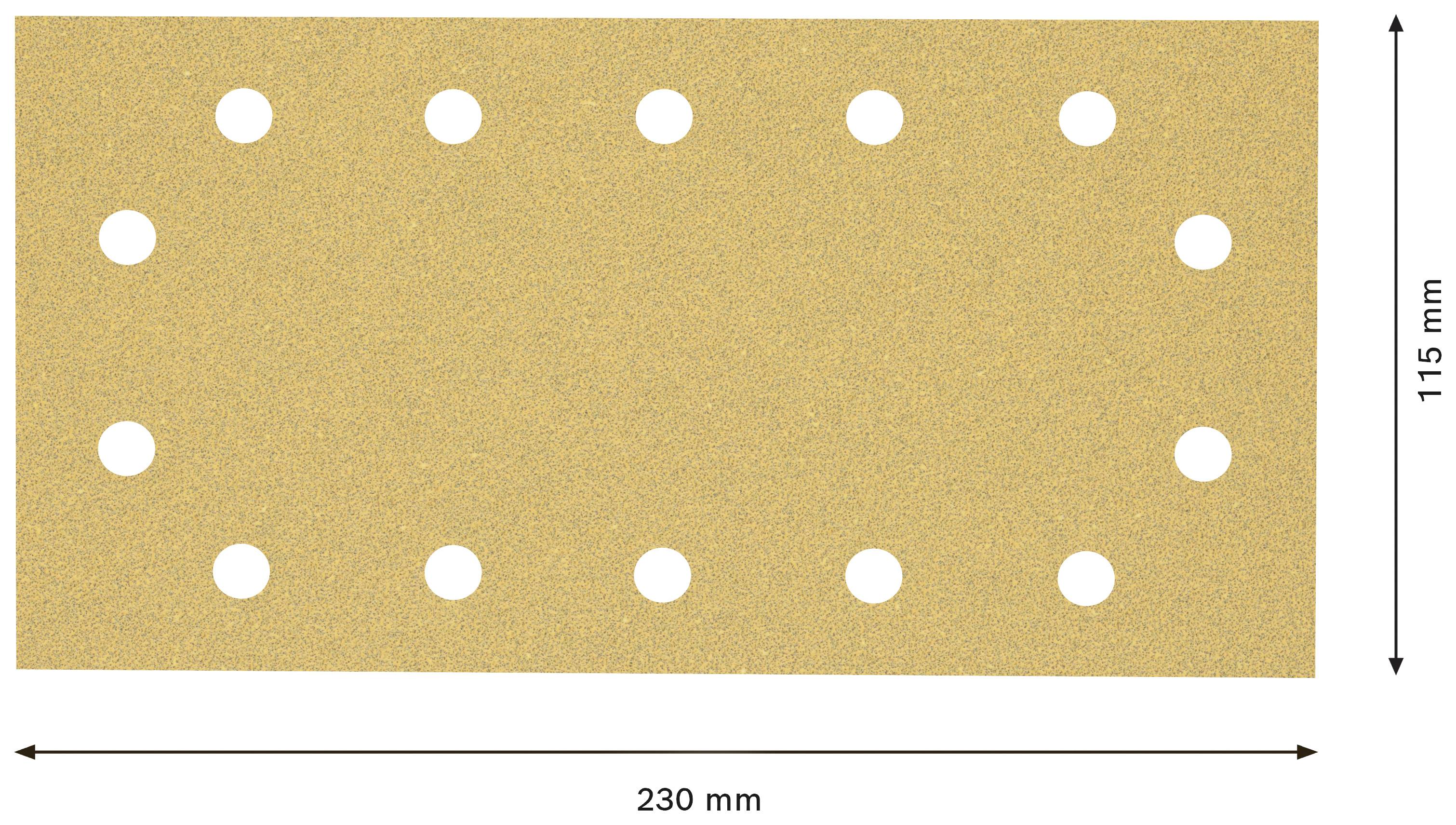 Obdĺžnikový brúsny papier so 16 otvormi, s rozmermi 230 mm x 115 mm.
