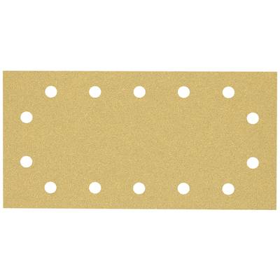 Obdĺžnikový brúsny papier s rovnomerne rozmiestnenými okrúhlymi otvormi pozdĺž okrajov. Papier je hnedej farby.