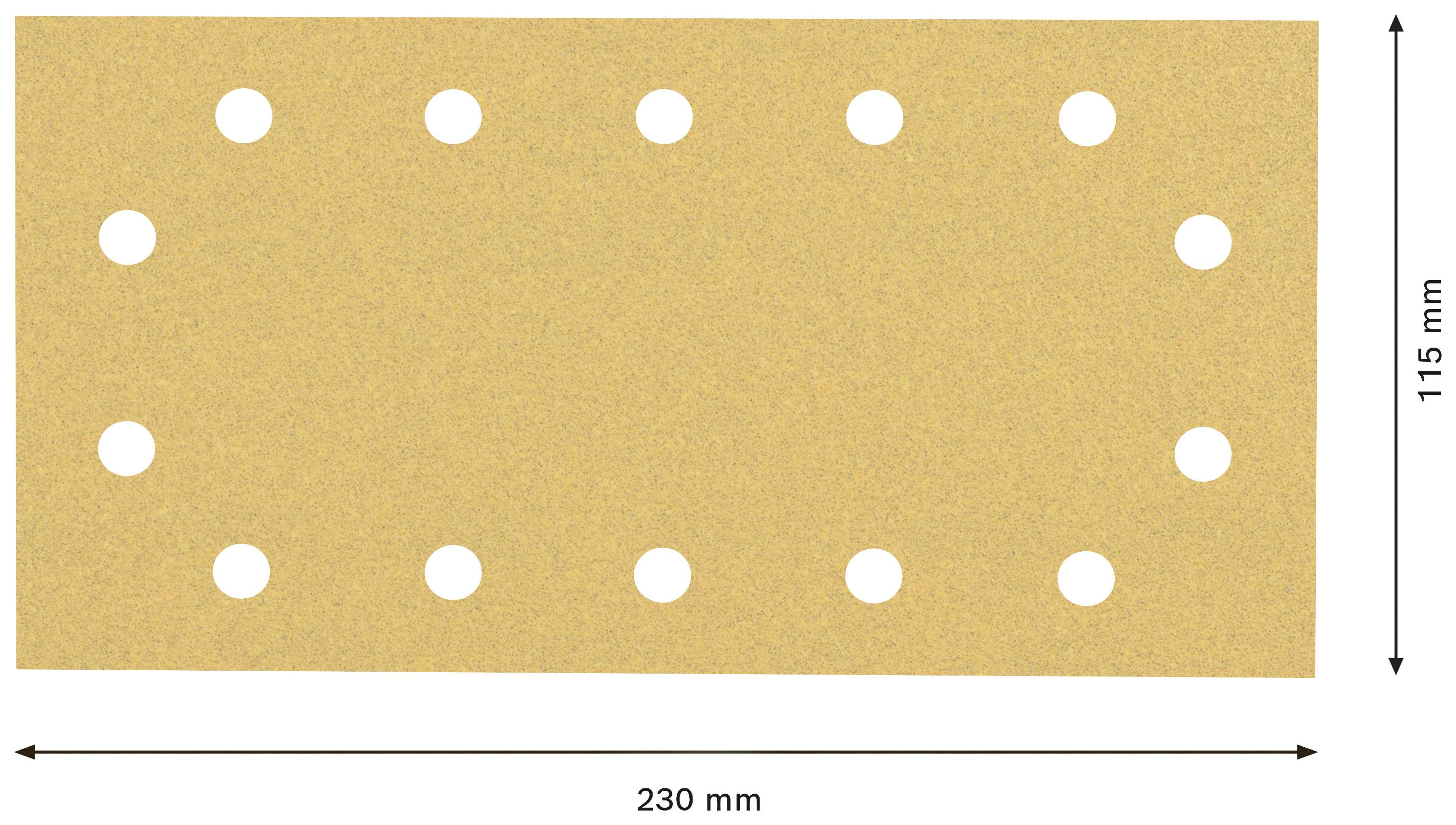 Obdĺžnikový brúsny papier s rozmermi 230 mm x 115 mm, so symetricky usporiadanými otvormi v dvoch radoch, ideálny na brúsenie.