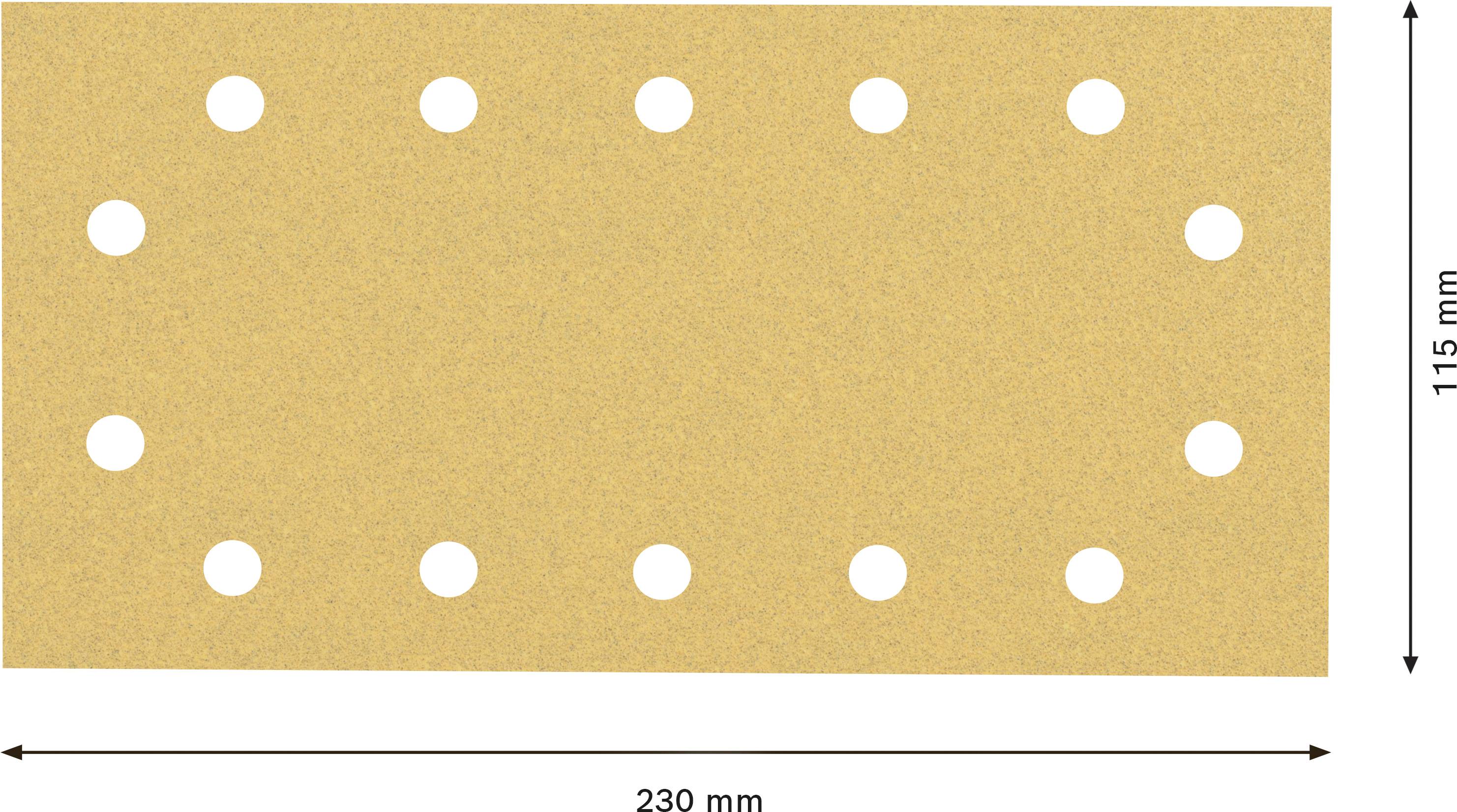 Obdĺžnikový brúsny papier so 14 symetricky rozmiestnenými otvormi. Rozmery: dĺžka 230 mm, šírka 115 mm.