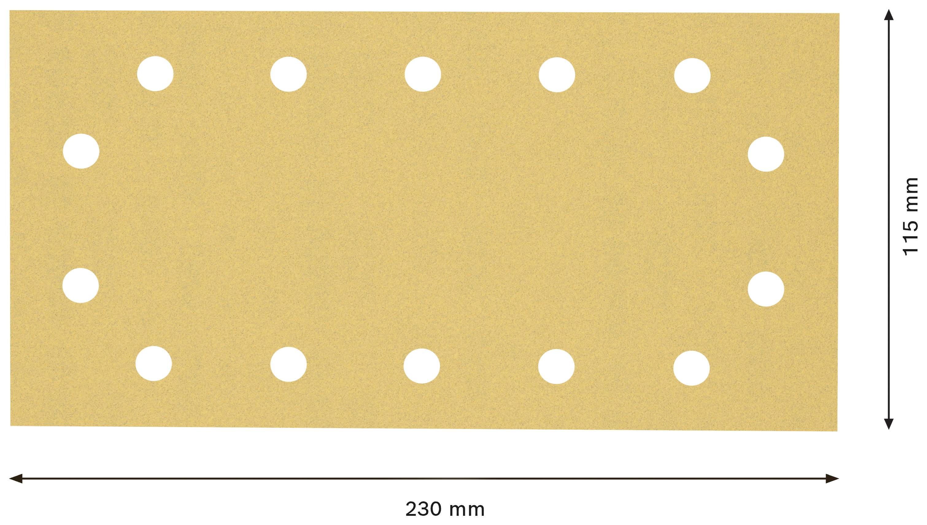 Obdĺžnikový brúsny papier so šírkou 230 mm a výškou 115 mm, s 14 rovnomerne rozmiestnenými okrúhlymi otvormi.