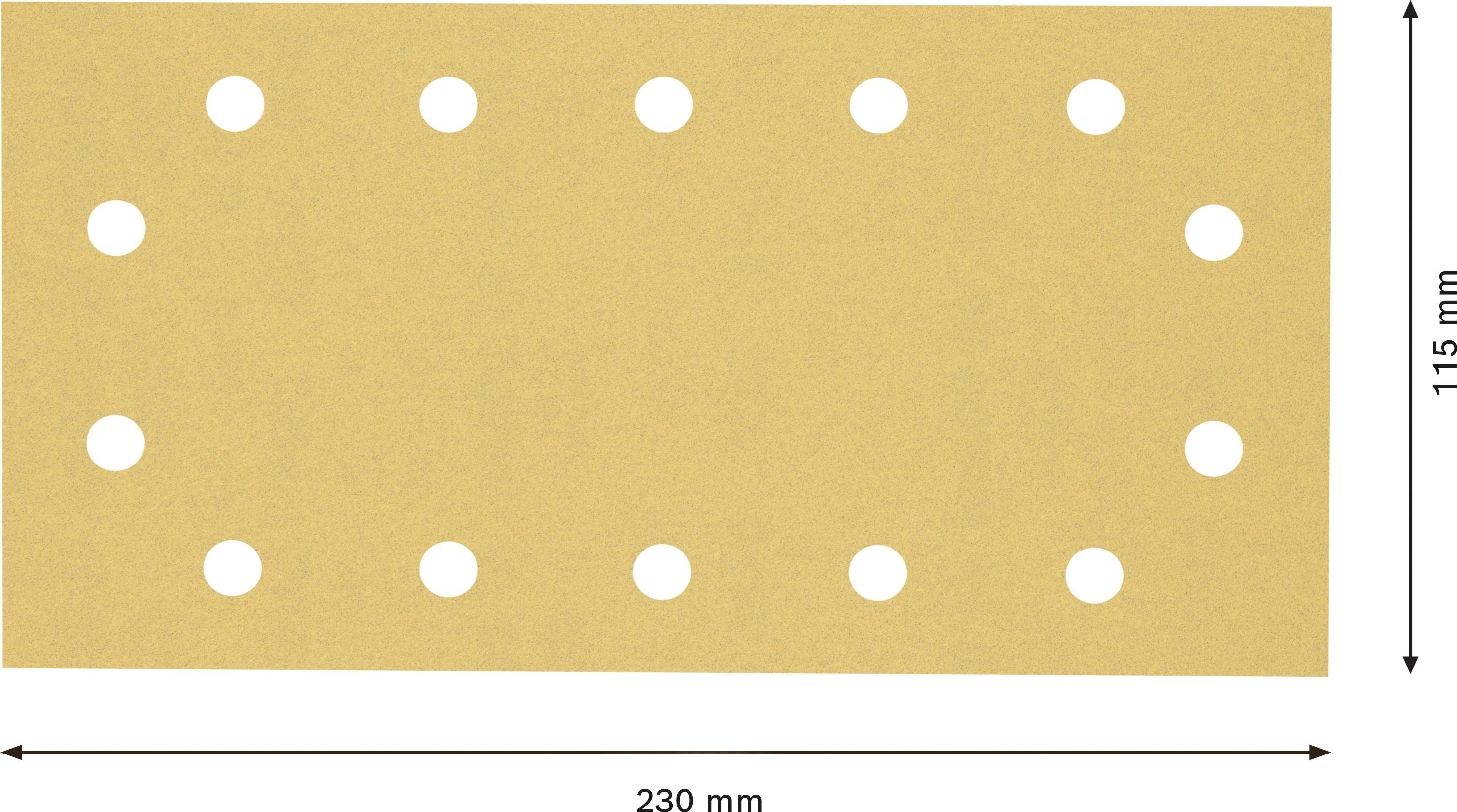 Obdĺžnikový, pieskovej farby list s 14 bielymi otvormi. Rozmery: 230 mm šírka, 115 mm výška.