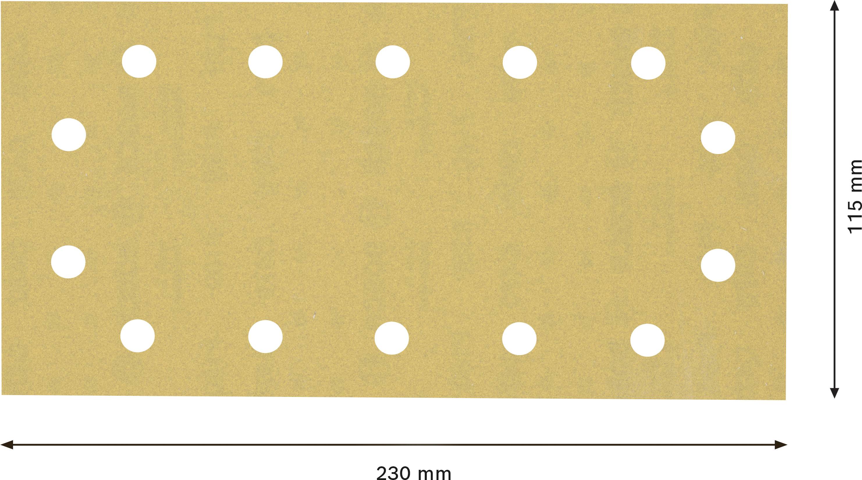 Obdĺžnikový brúsny papier s rozmermi 230 mm x 115 mm a 14 okrúhlymi otvormi symetricky usporiadanými.