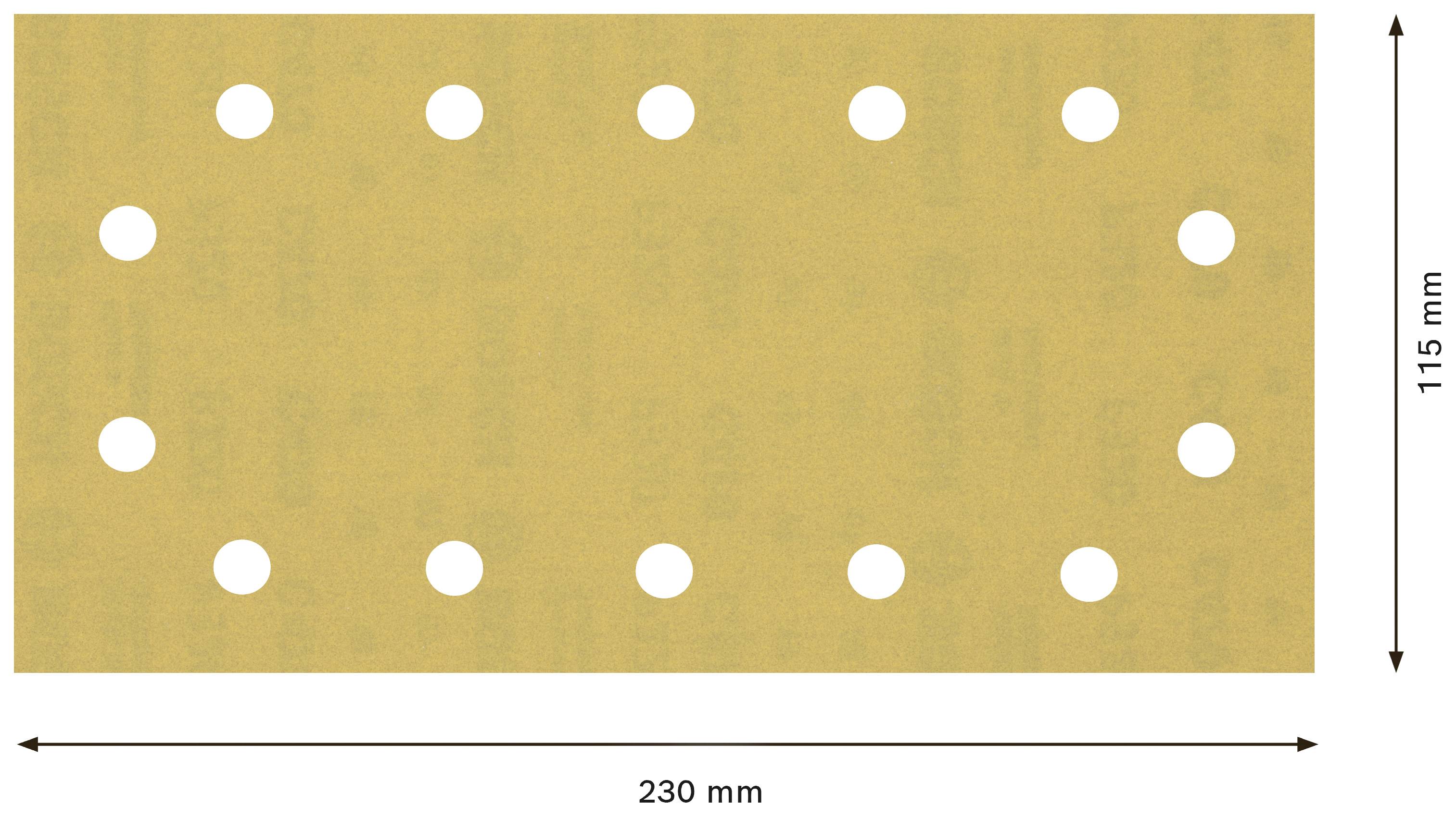 Obdĺžnikový žltý brúsny papier, 230 mm x 115 mm, s 14 okrúhlymi otvormi v rovnomerných intervaloch pozdĺž okrajov.