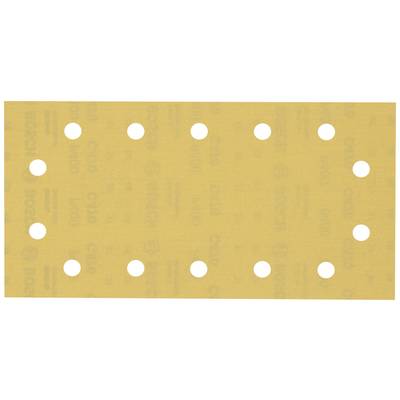 Brúsny papier v tvare obdĺžnika s rovnomerne rozmiestnenými otvormi na odsávanie prachu, vhodný pre elektrické brúsne zariadenia.