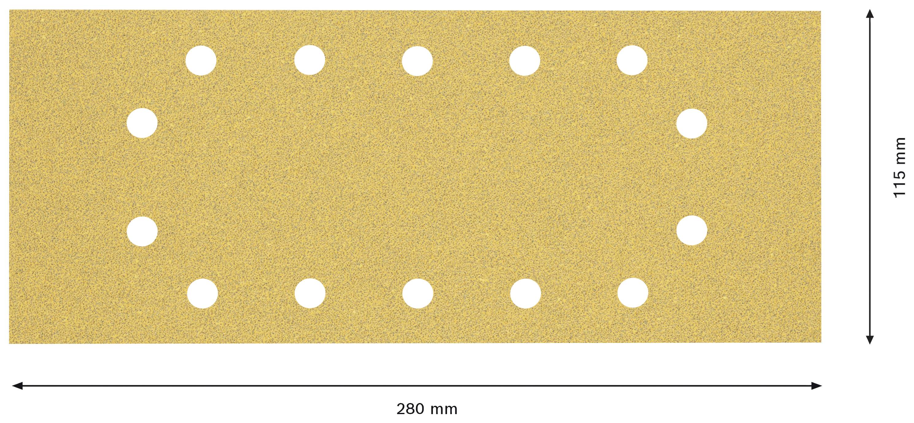 Obdĺžnikový brúsny papier s 17 bielymi otvormi, široký 280 mm a vysoký 115 mm.