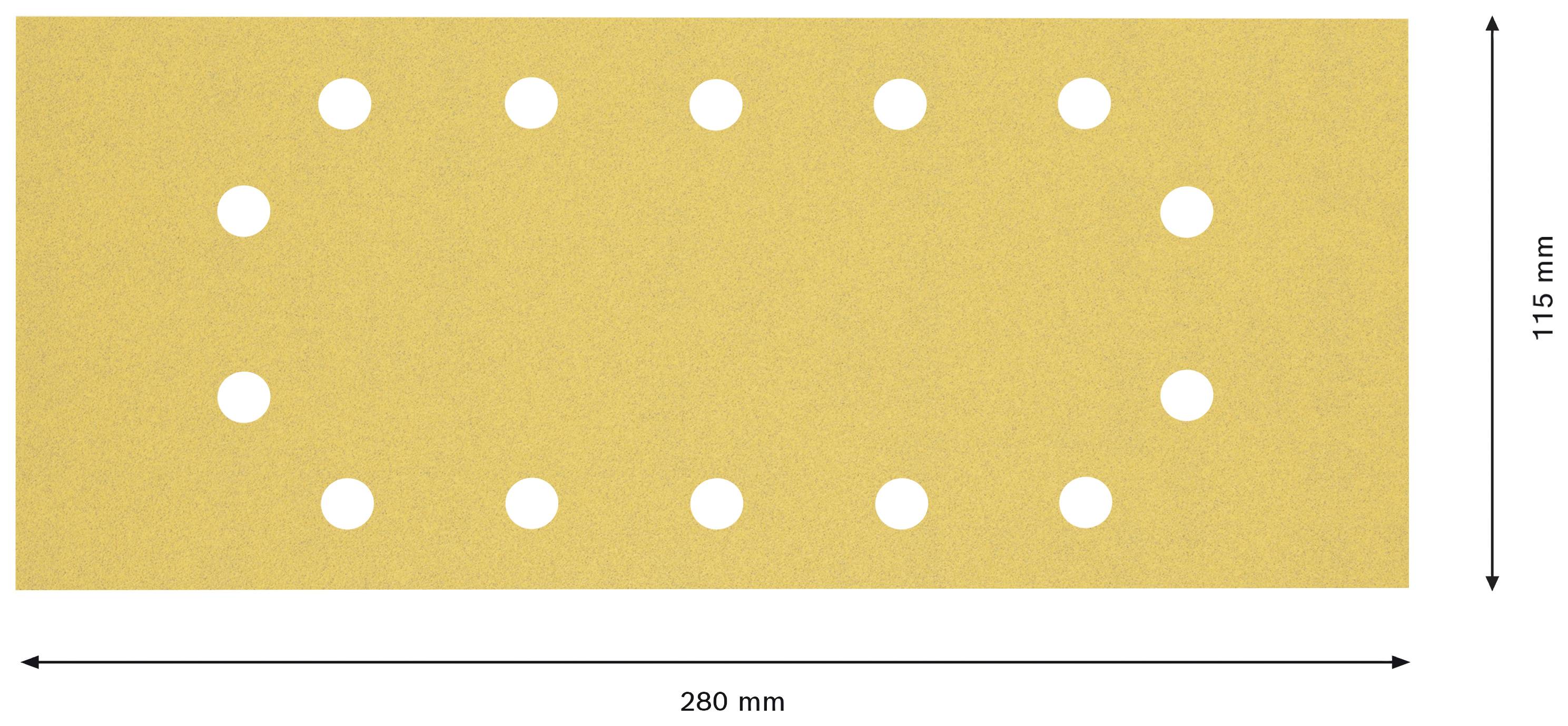 Obdĺžnik zo šmirgľového papiera so 16 okrúhlymi otvormi. Rozmery: 280 mm dlhý, 115 mm široký.