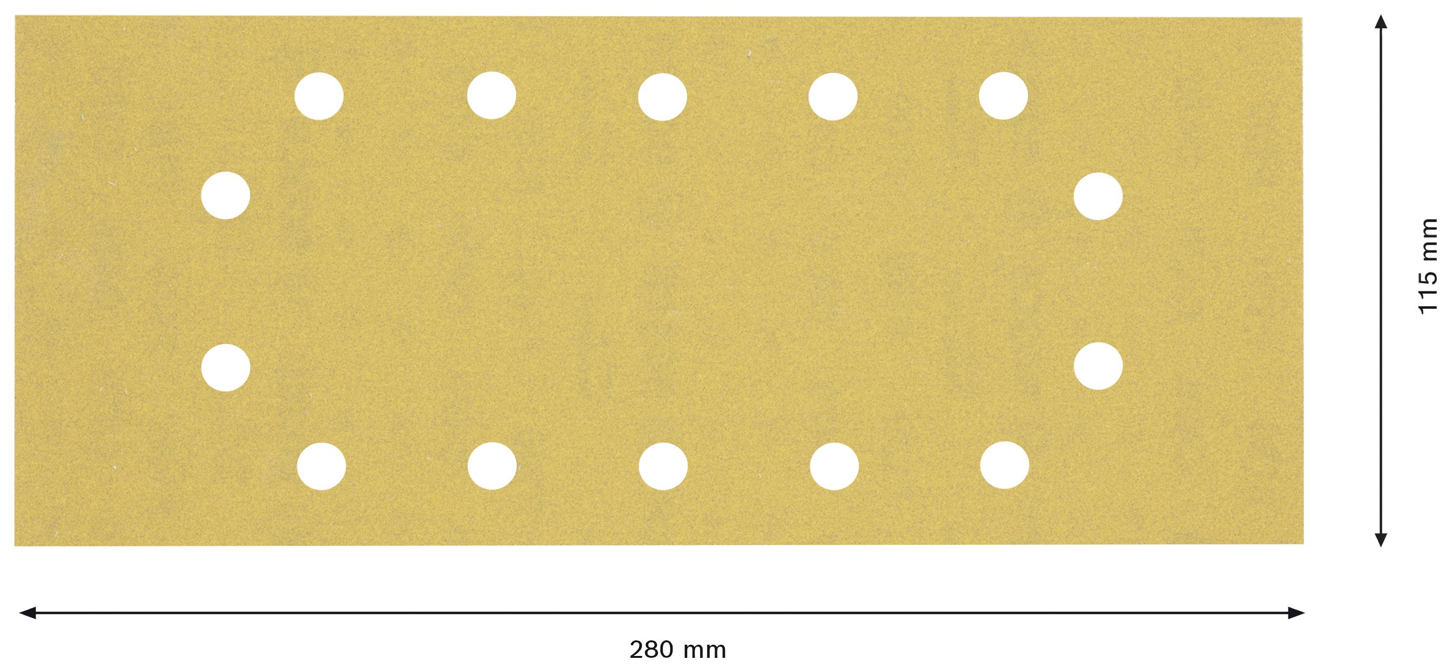Obdĺžnikový žltý brúsny papier, široký 280 mm a vysoký 115 mm, s rovnomerne rozmiestnenými otvormi v dvoch radoch na oboch stranách.