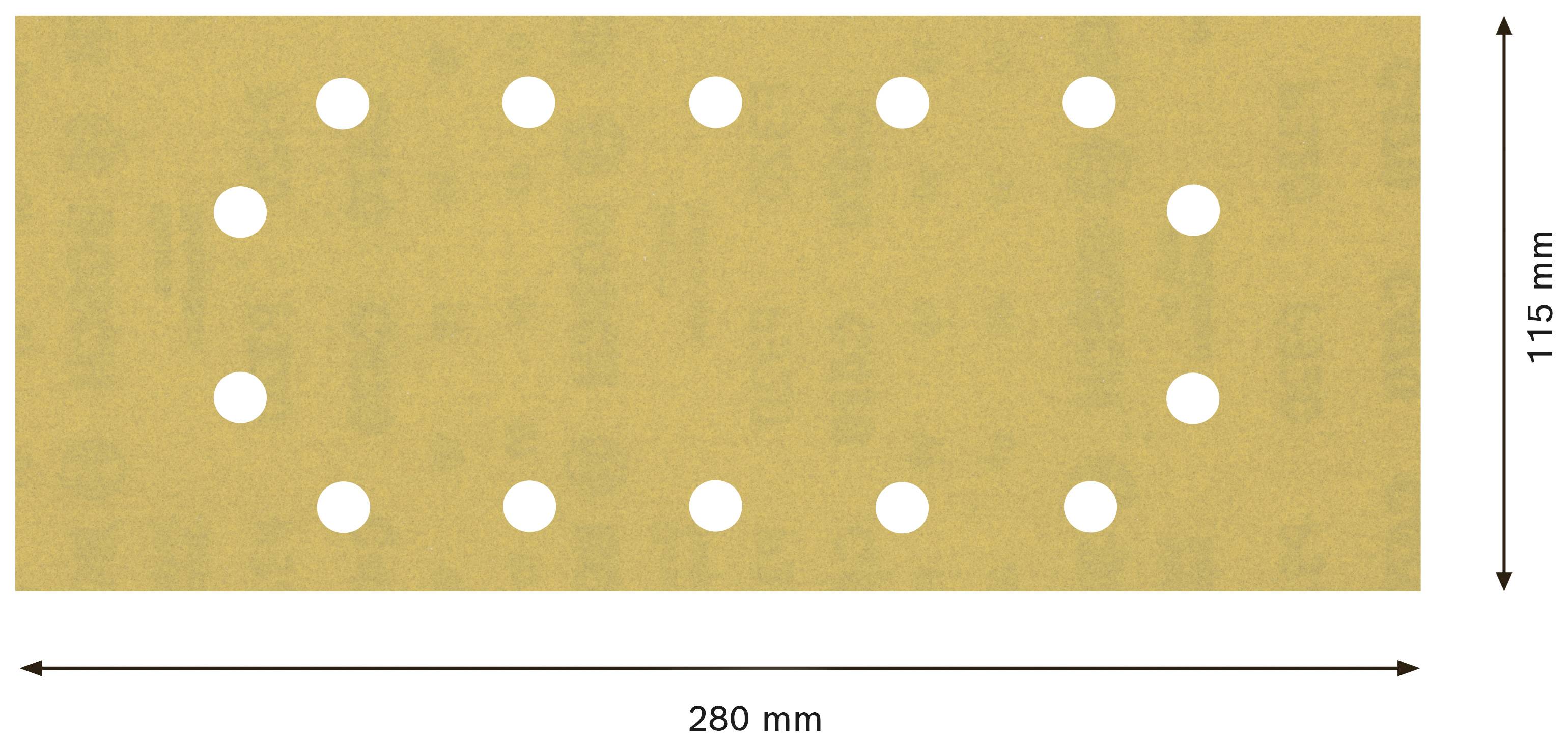 Obdĺžnikový, žltý brúsny papier s 20 okrúhlymi otvormi v dvoch radoch. Rozmery: 280 mm x 115 mm. Šípky znázorňujú dĺžku a šírku.