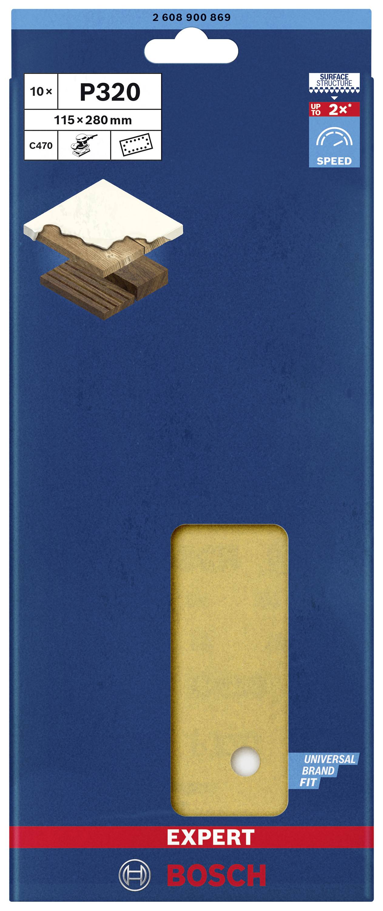 Balenie brúsneho papiera Bosch P320, vhodného pre drevo a farbu. Rozmery: 115 x 280 mm. Obsahuje 10 listov, univerzálne použiteľné.