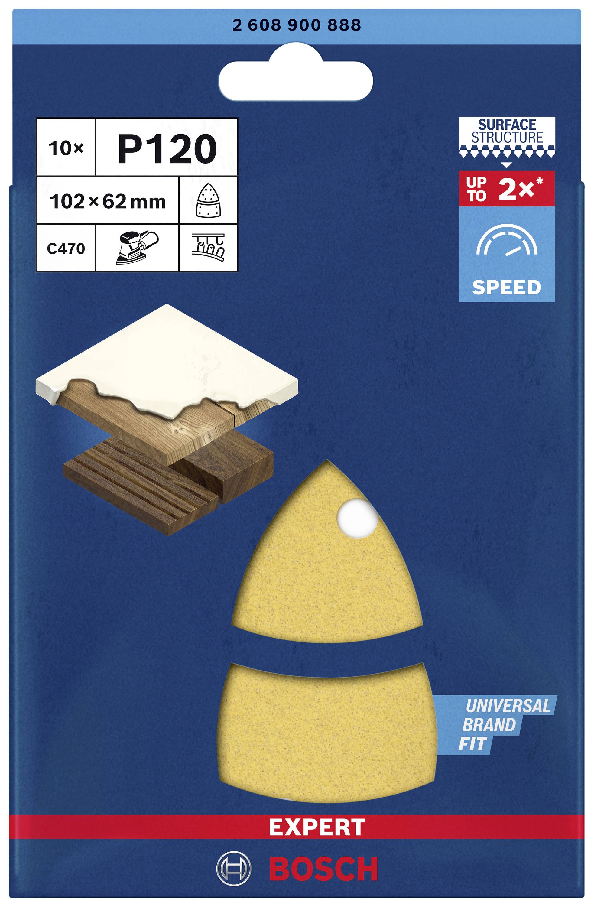 'Balenie brúsneho papiera od Bosch, zrnitosť P120, 10 kusov. Zvýraznené: Vyššia rýchlosť, univerzálne použitie, veľkosť 102 x 62 mm.'