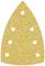 Žltý, trojuholníkový podklad brúsneho papiera so šiestimi kruhovými otvormi.