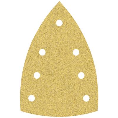 Brúsny list v trojuholníkovom tvare so šiestimi otvormi, vhodný pre ručné brúsky. Brúsny papier v žulovom dizajne, typický pre brúsne práce.