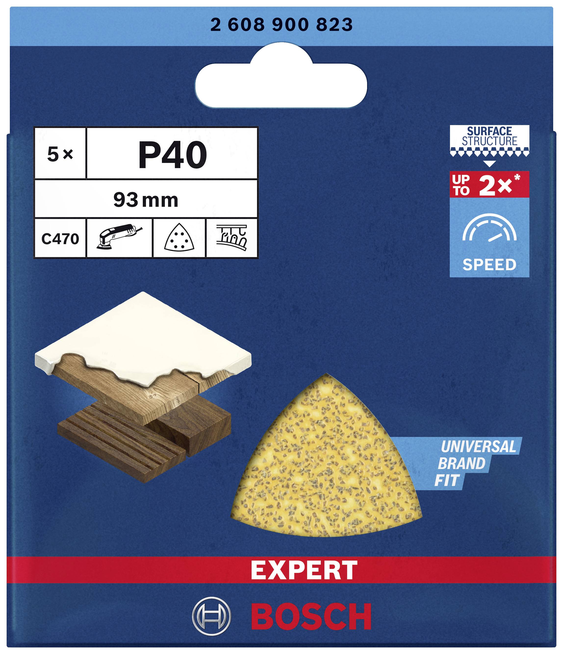 Balenie brúsneho papiera Bosch P40, 93 mm, určené pre drevené povrchy. Zobrazuje použitie na dreve. Obsahuje 5 kusov s vysokou výkonnosťou.