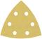 Brúsny papier trojuholníkového tvaru so šiestimi okrúhlymi otvormi, žltej farby, ktorý slúži na brúsenie povrchov.