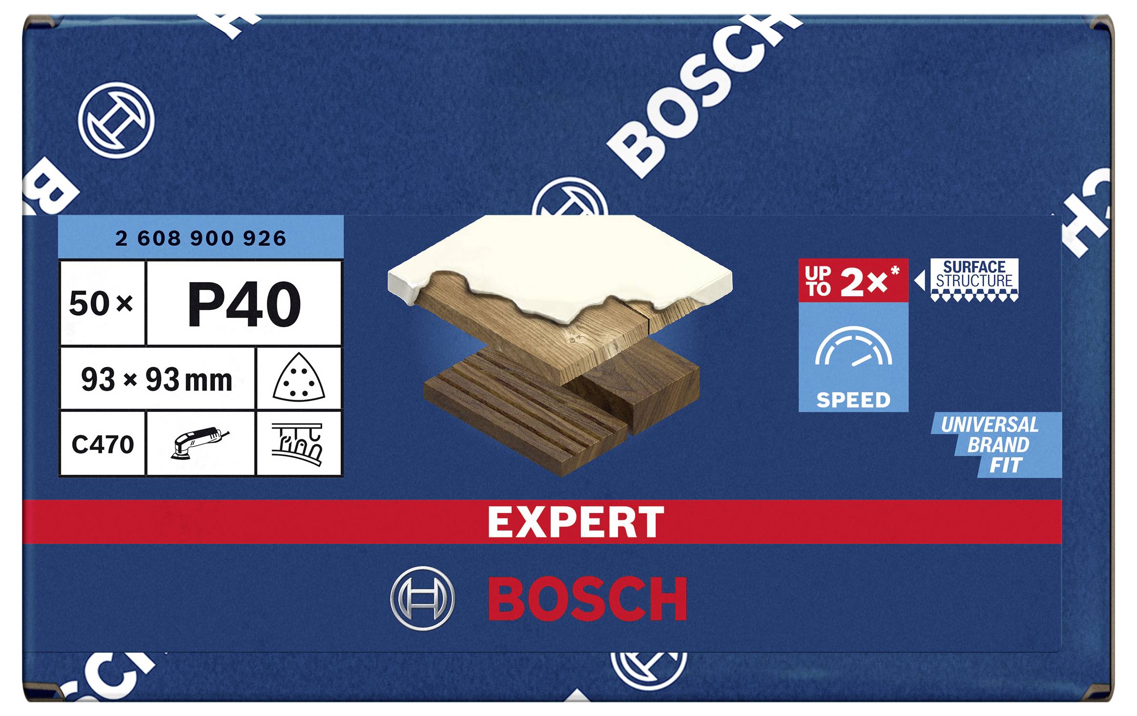 Balenie brúsnych listov Bosch Expert s 50 listami P40 pre drevo, zobrazujúce balík s indikáciou rýchlosti a štruktúry povrchu.