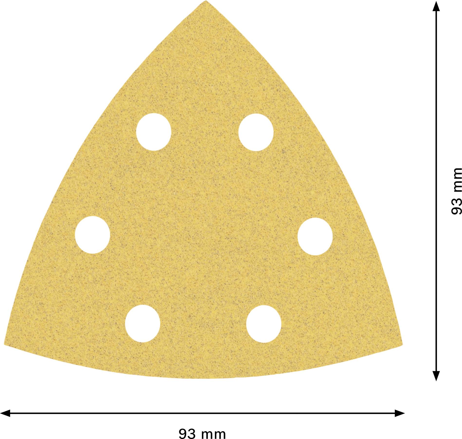 Trojuholníkový brúsny papier so šiestimi otvormi, veľkosť 93 mm x 93 mm.